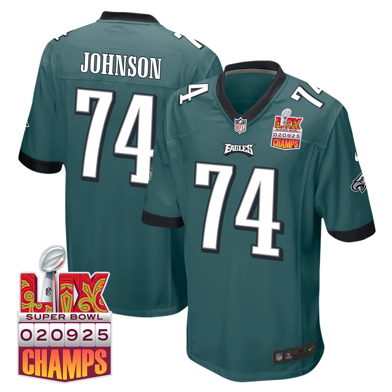 Fred Johnson 74 Philadelphia Eagles Super Bowl LIX Champions Patch Game Midnight Green NFL Jersey Men's
