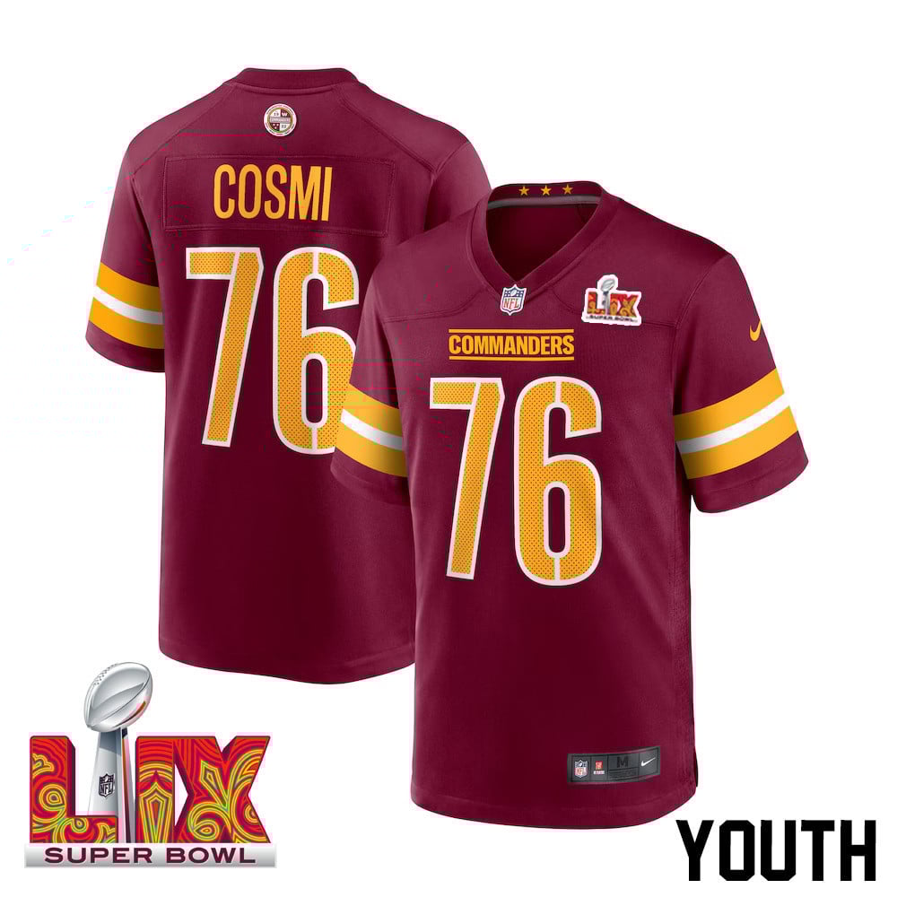 Sam Cosmi #76 Washington Commanders Super Bowl LIX Burgundy NFL Jersey Youth
