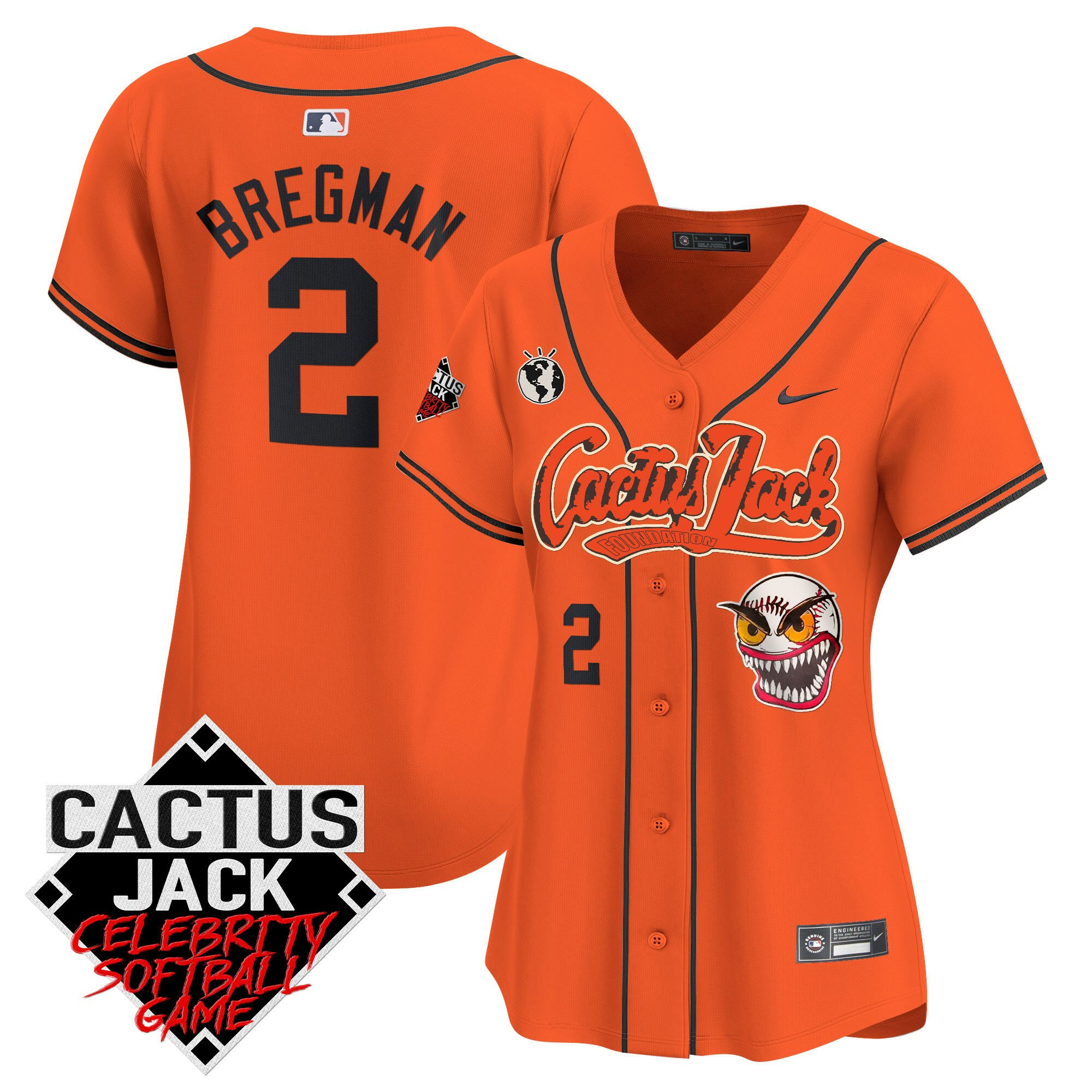 Alex Bregman 2 Houston Astros Cactus Jack Celebrity Softball Game Patch Orange MLB Jersey Women's