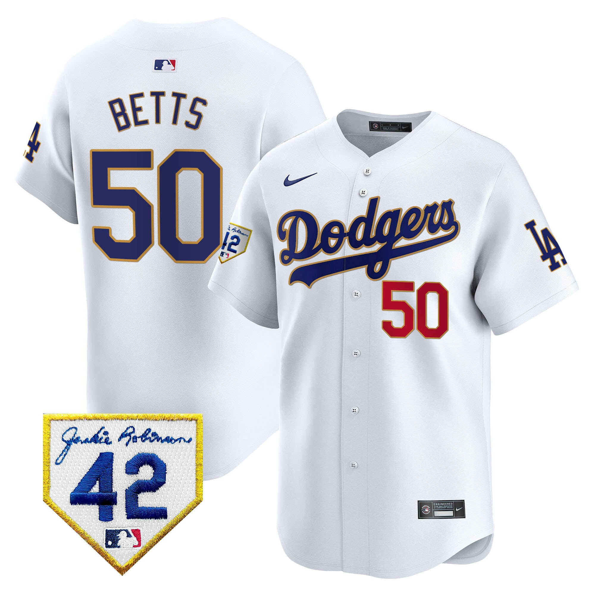 Mookie Betts 50 Los Angeles Dodgers 2024 Jackie Robinson Patch White MLB Jersey Men's