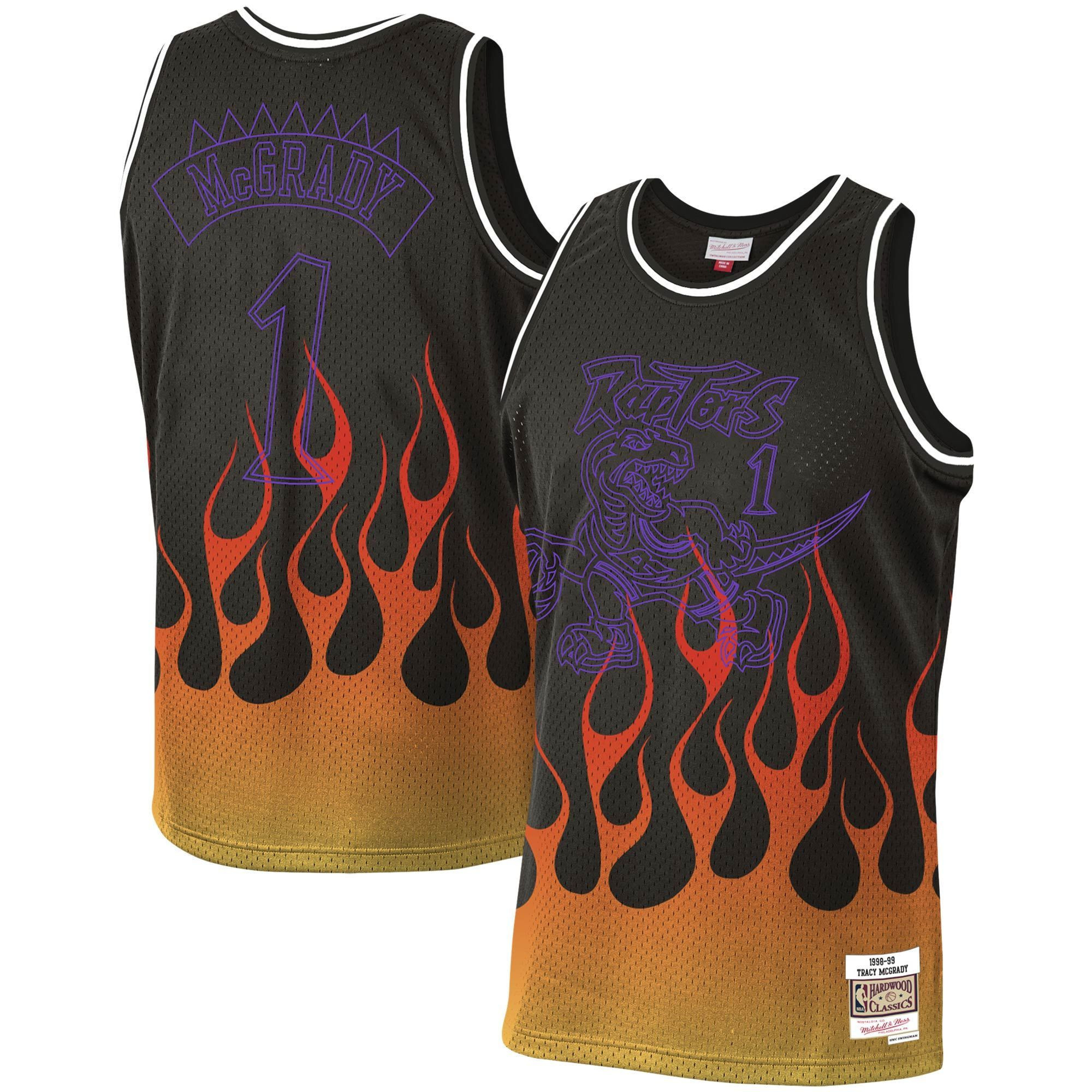 Tracy Mcgrady Toronto Raptors Mitchell Ness 1998-99 Hardwood Classics Flames Swingman Black NBA Jersey Men's