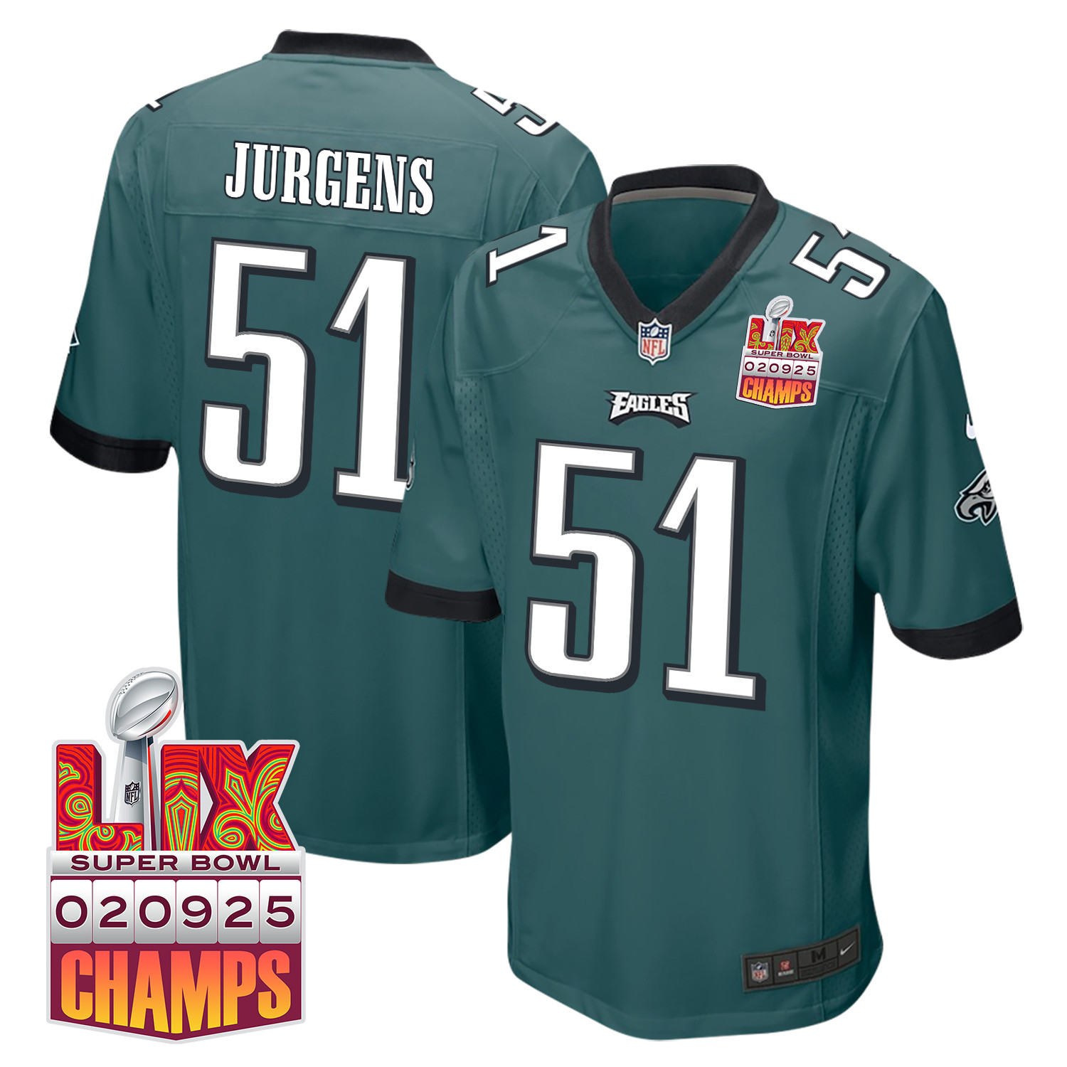 Cam Jurgens 51 Philadelphia Eagles Super Bowl LIX Champions Patch Game Midnight Green NFL Jersey Men's