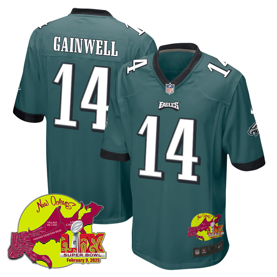 Kenneth Gainwell 14 Philadelphia Eagles Super Bowl LIX New Orleans Patch Game Midnight Green NFL Jersey Men's