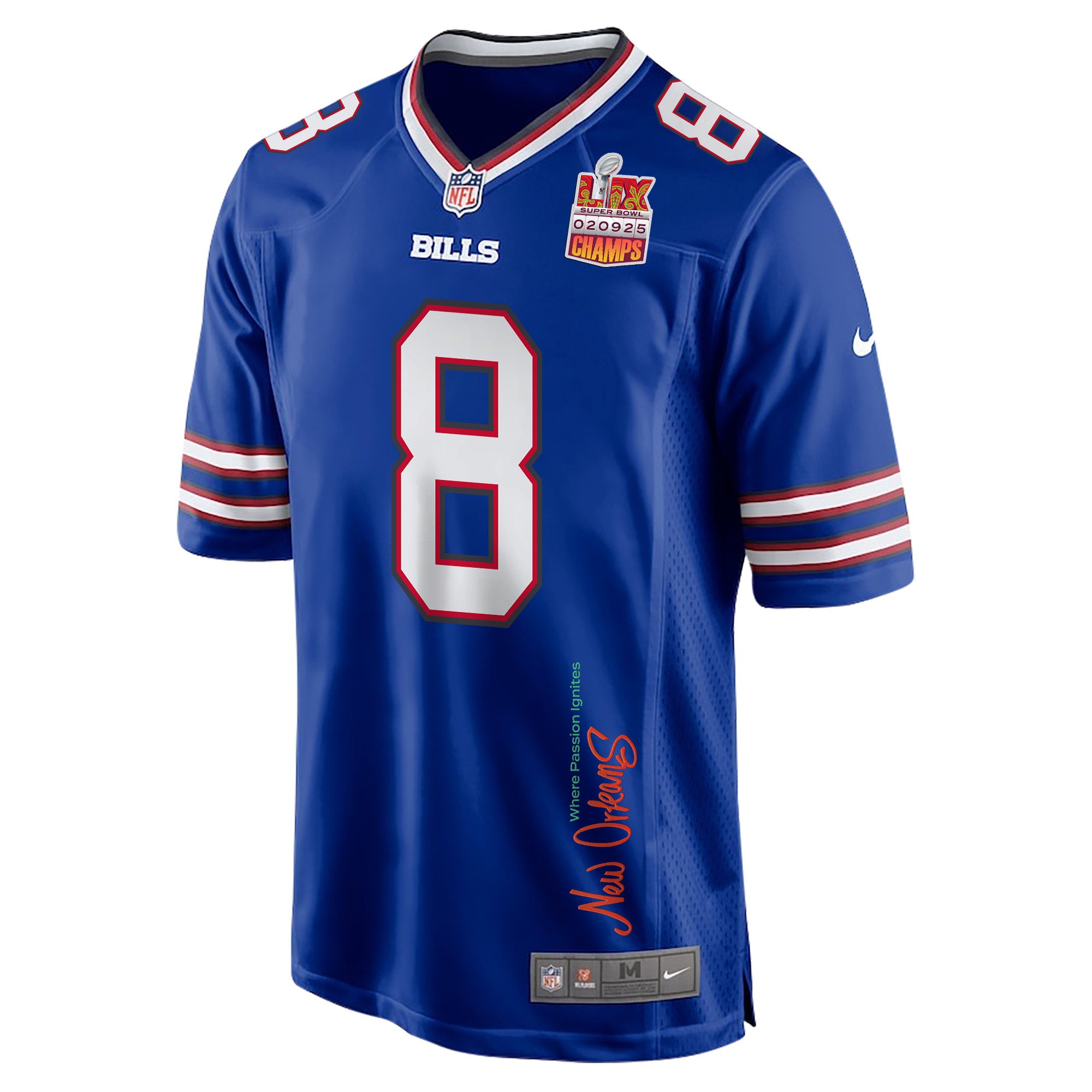 Sam Martin 8 Buffalo Bills Super Bowl LIX Champions Patch New Orleans Where Passion Ignites' EMBROIDERED Game Royal NFL Jersey Men's