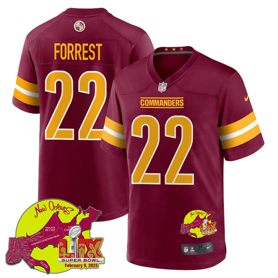 Darrick Forrest 22 Washington Commanders Super Bowl LIX New Orleans Patch Game Burgundy NFL Jersey Men's