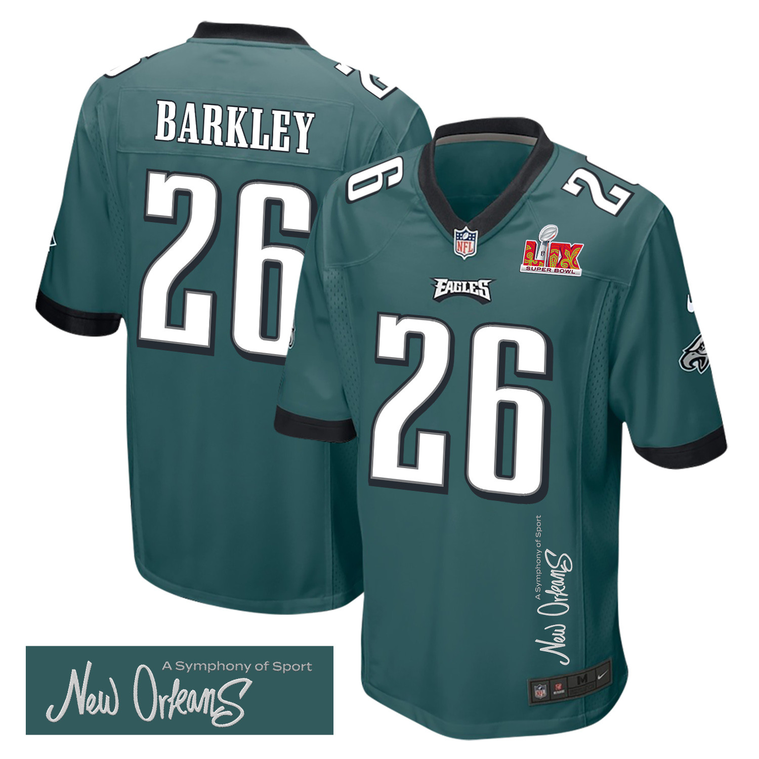 Saquon Barkley 26 Philadelphia Eagles Super Bowl LIX New Orleans A Symphony of Sport' EMBROIDERED Game Midnight Green NFL Jersey Men's