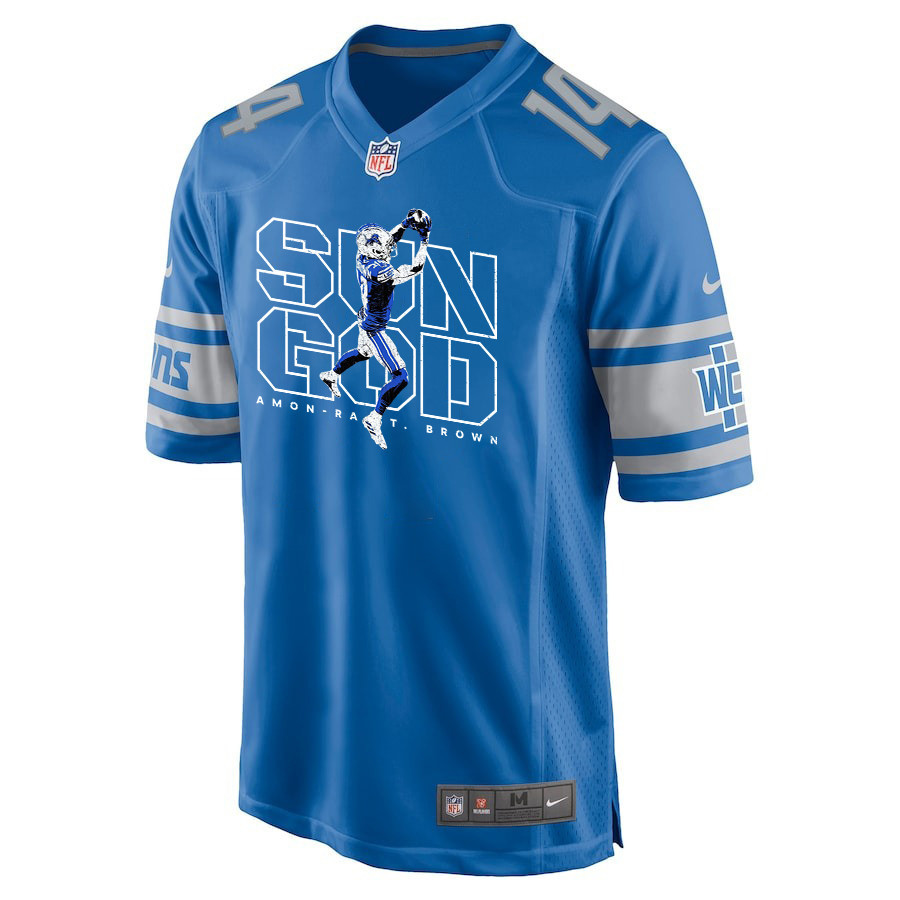 Amon-Ra St. Brown 14 Detroit Lions Sun God Game Blue NFL Jersey Men's