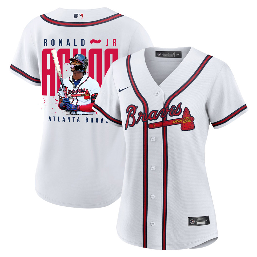 Ronald Acu?a Jr. 13 Atlanta Braves Signed Gum 2023 Home Player White Red MLB Jersey Women's