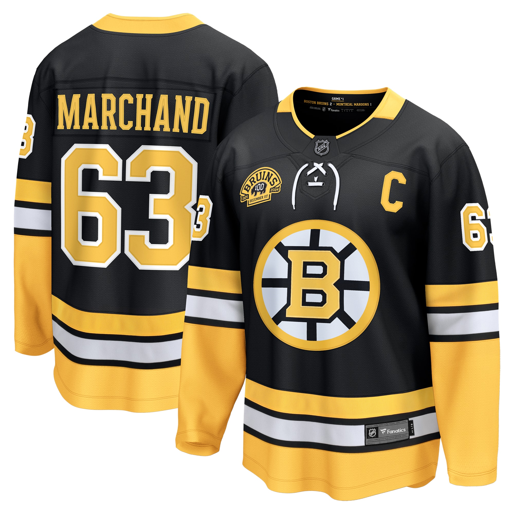 Boston Bruins Brad Marchand Black 100th Anniversary Premier Breakaway Player NHL Jersey Men's