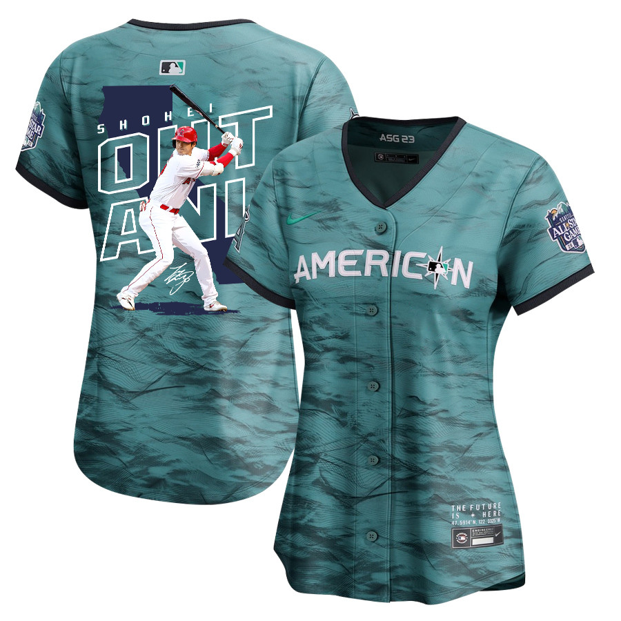 Shohei Ohtani 17 Los Angeles Angels Signed Map 2023 All Star Game Limited Player Teal MLB Jersey Women's