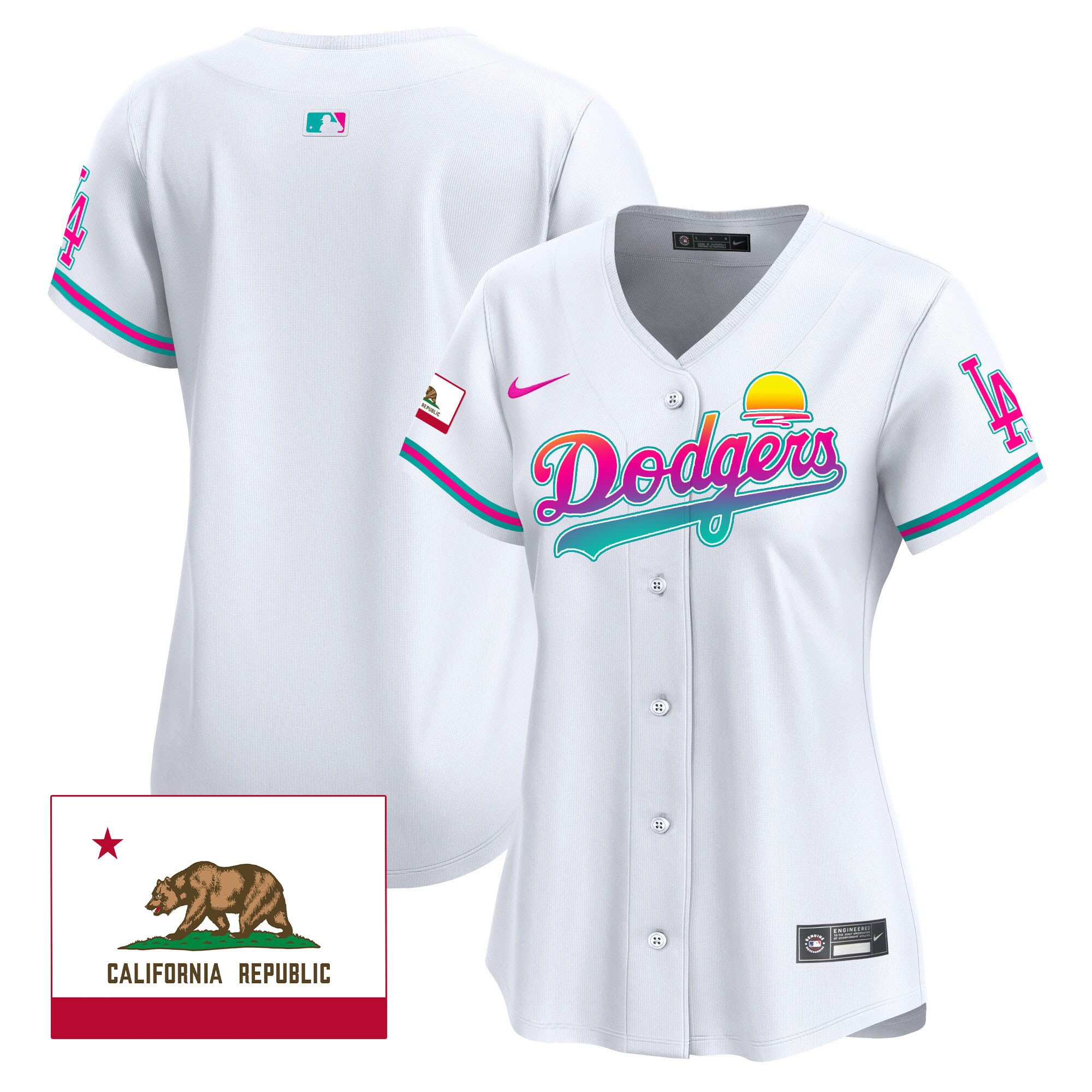 Los Angeles Dodgers 2024 Los Angeles City Style California Republic Patch White MLB Jersey Women's