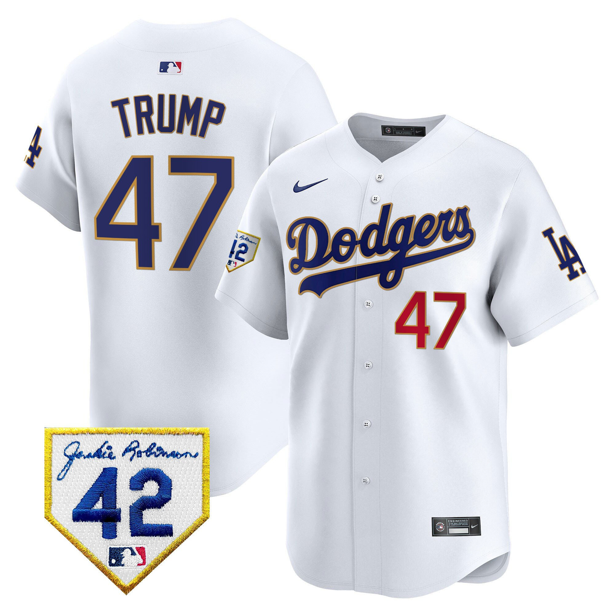 Donald Trump 47 Los Angeles Dodgers 2024 Jackie Robinson Patch White MLB Jersey Men's