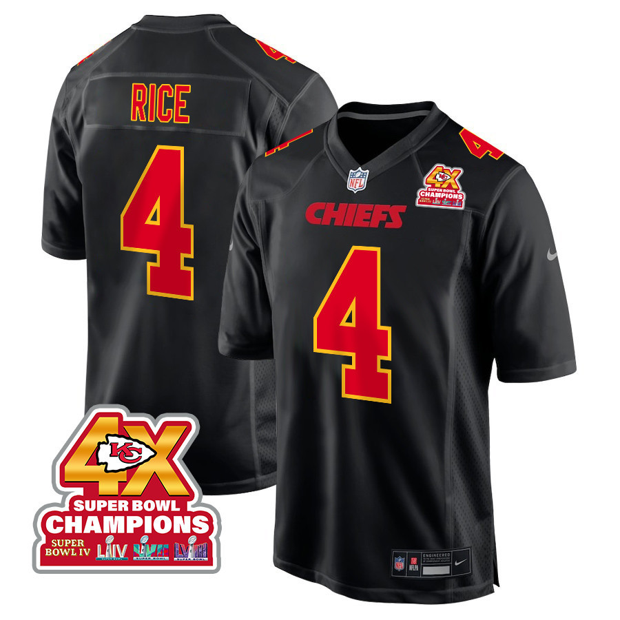 Rashee Rice 4 Kansas City Chiefs Super Bowl LVIII Champions 4X Fashion Game Carbon Black NFL Jersey Men's