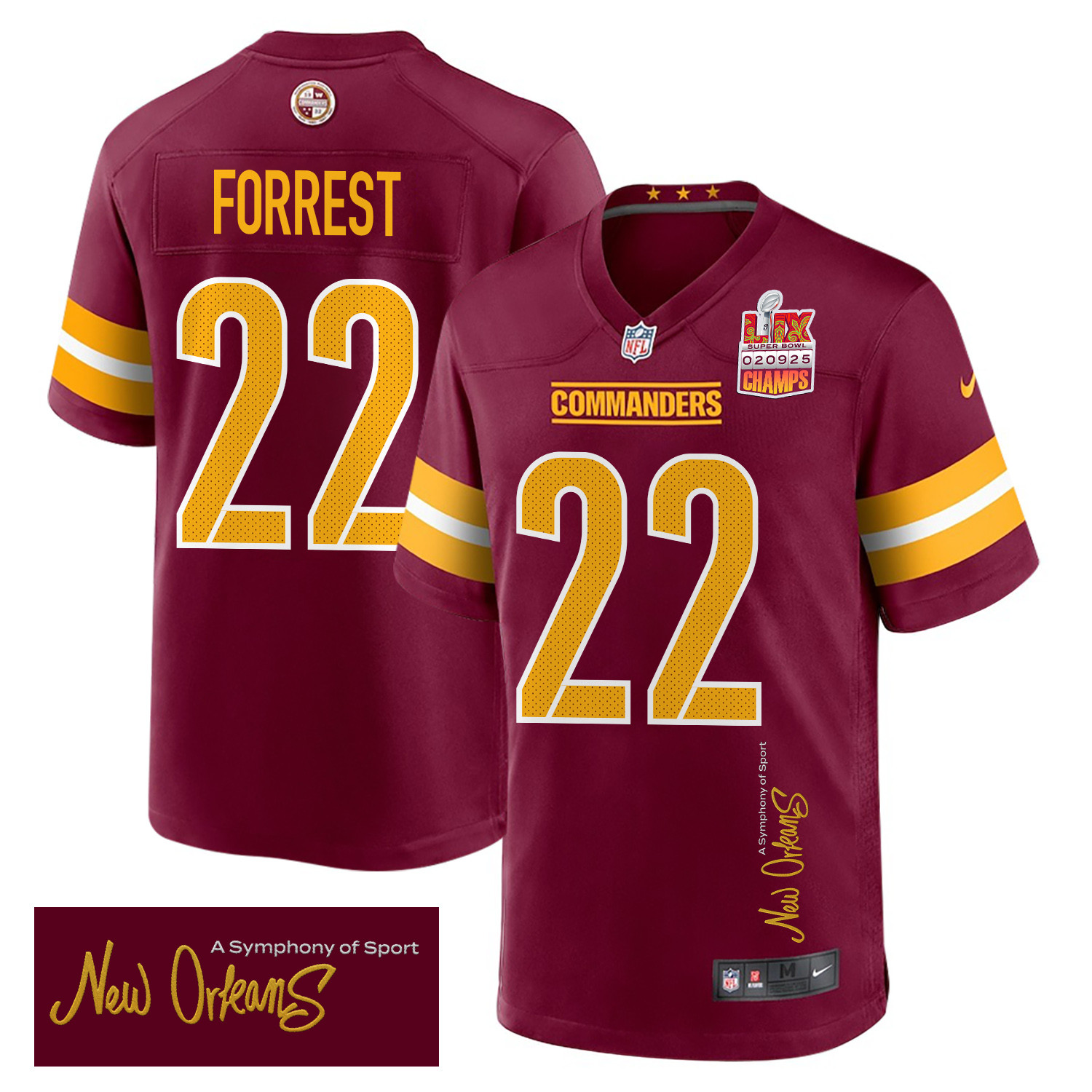 Darrick Forrest 22 Washington Commanders Super Bowl LIX Champions Patch New Orleans A Symphony of Sport' EMBROIDERED Game Burgundy NFL Jersey Men's