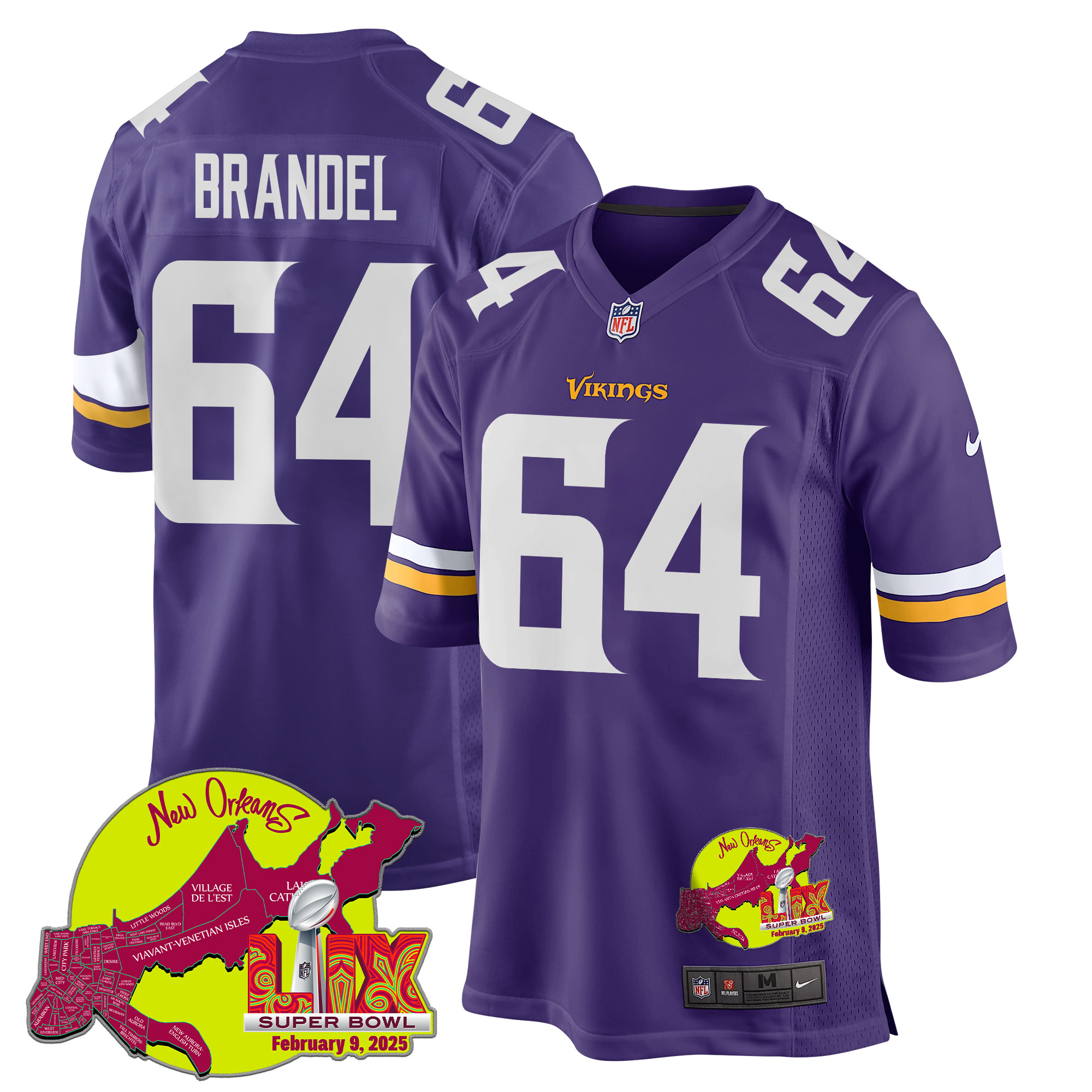 Blake Brandel 64 Minnesota Vikings Super Bowl LIX New Orleans Patch Game Purple NFL Jersey Men's