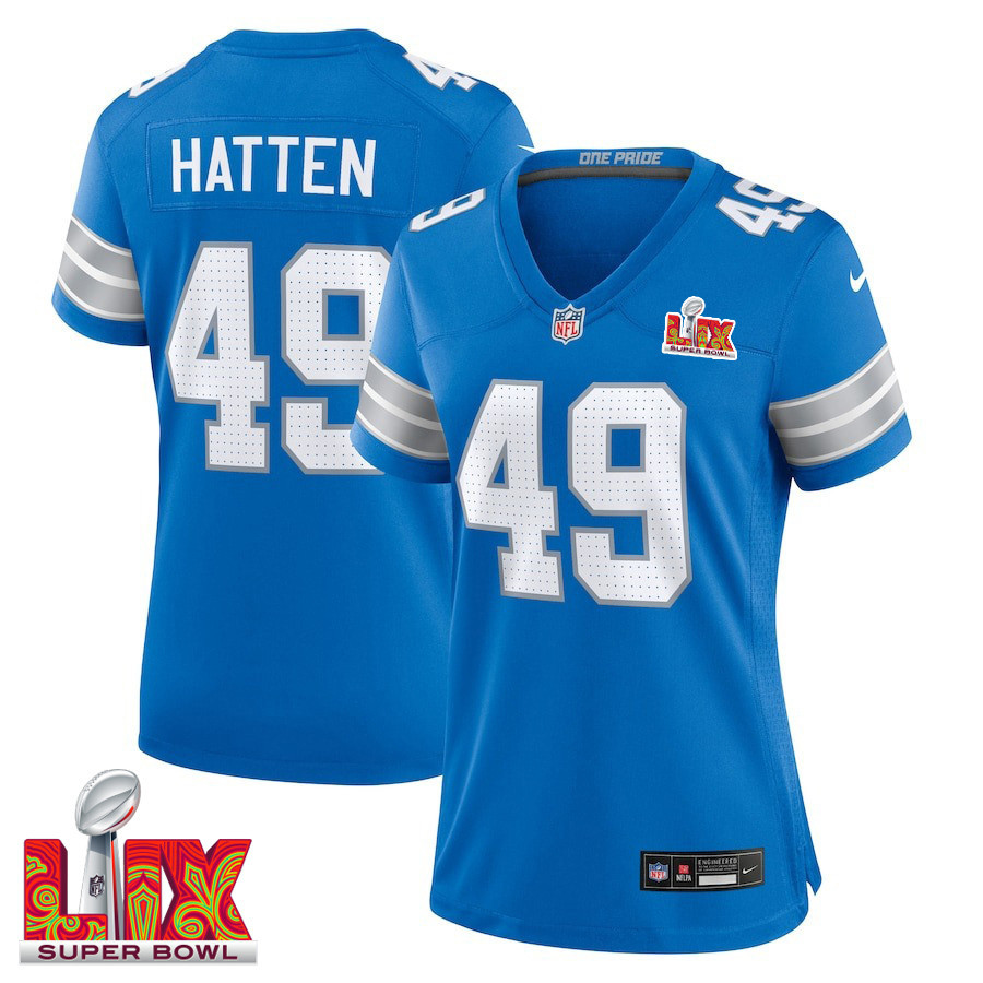 Hogan Hatten #49 Detroit Lions Super Bowl LIX Blue NFL Jersey Women's