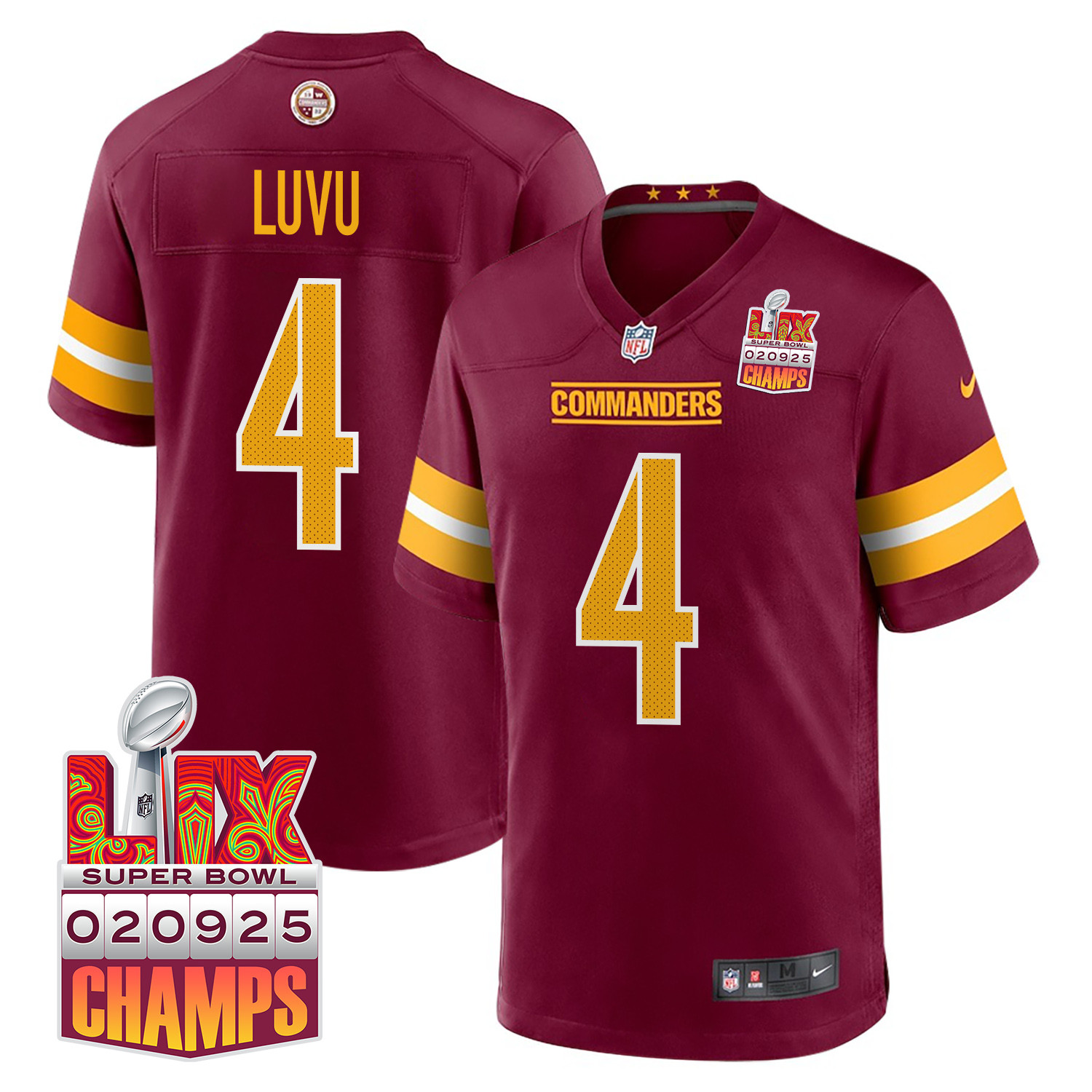 Frankie Luvu 4 Washington Commanders Super Bowl LIX Champions Patch Game Burgundy NFL Jersey Men's