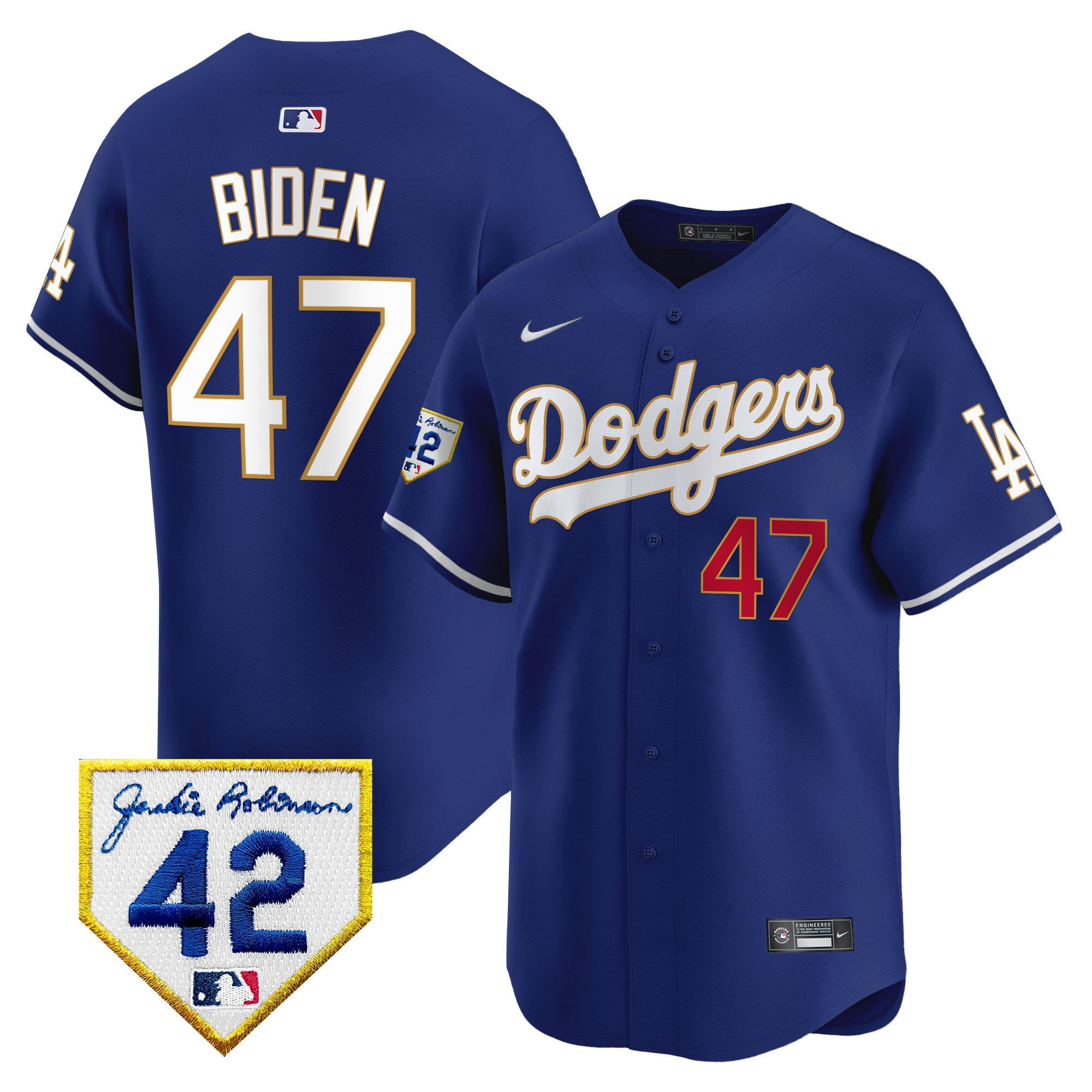 Joe Biden 47 Los Angeles Dodgers 2024 Jackie Robinson Patch Royal MLB Jersey Men's