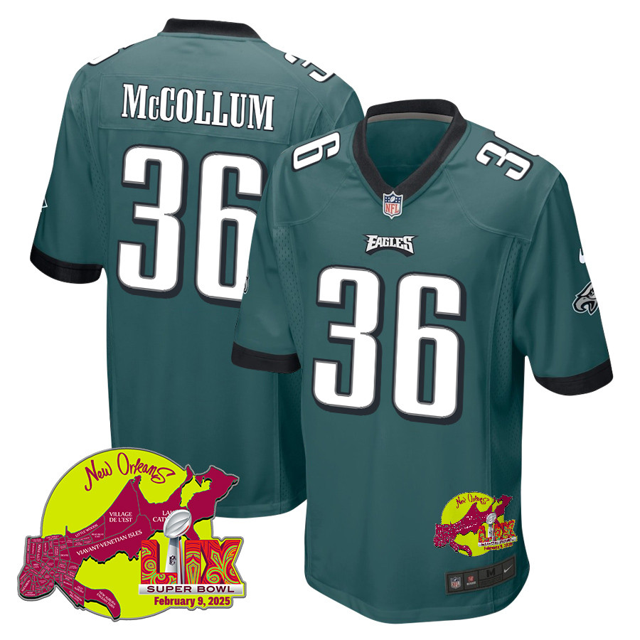 Tristin McCollum 36 Philadelphia Eagles Super Bowl LIX New Orleans Patch Game Midnight Green NFL Jersey Men's