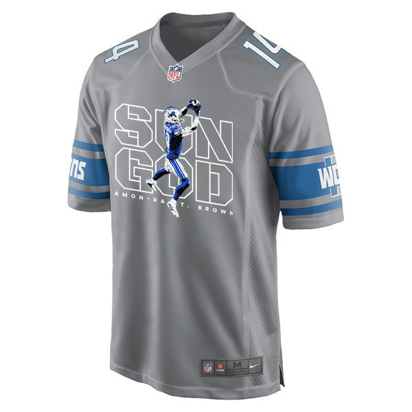 Amon-Ra St. Brown 14 Detroit Lions Sun God Game Silver NFL Jersey Men's