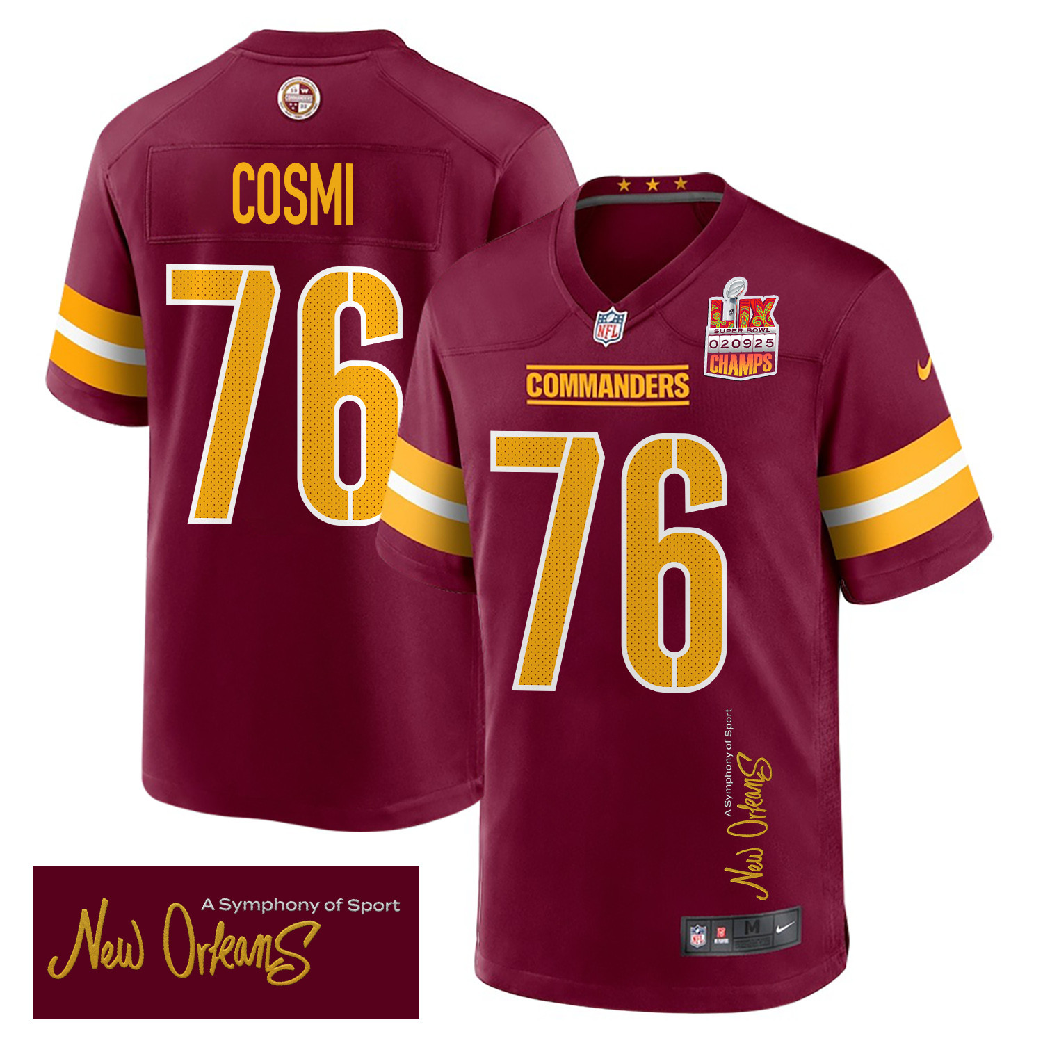 Sam Cosmi 76 Washington Commanders Super Bowl LIX Champions Patch New Orleans A Symphony of Sport' EMBROIDERED Game Burgundy NFL Jersey Men's