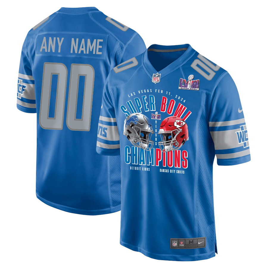 Detroit Lions vs. Kansas City Chiefs Super Bowl LVIII Matchup Game Custom Blue NFL Jersey Men's
