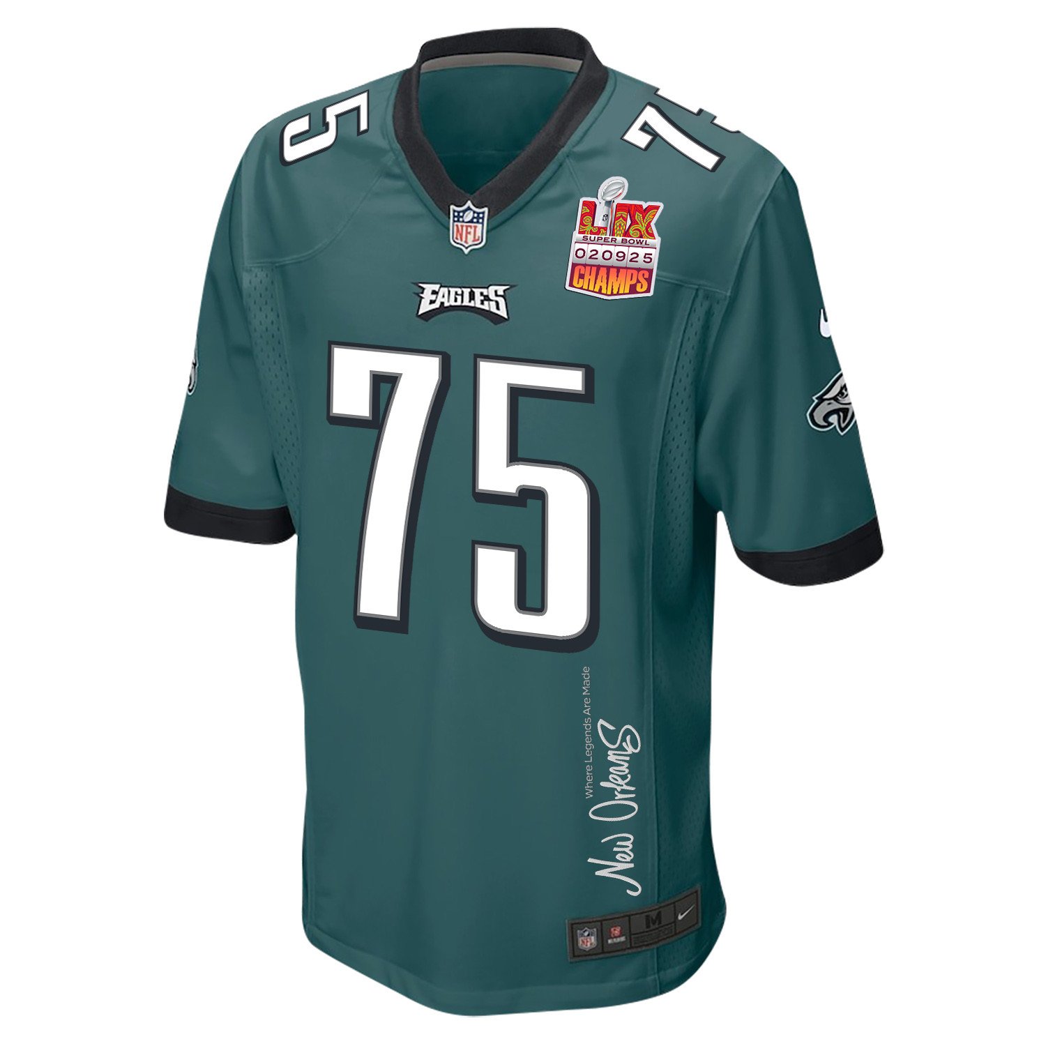 Jack Driscoll 75 Philadelphia Eagles Super Bowl LIX Champions Patch New Orleans Where Legends Are Made' EMBROIDERED Game Midnight Green NFL Jersey Men's