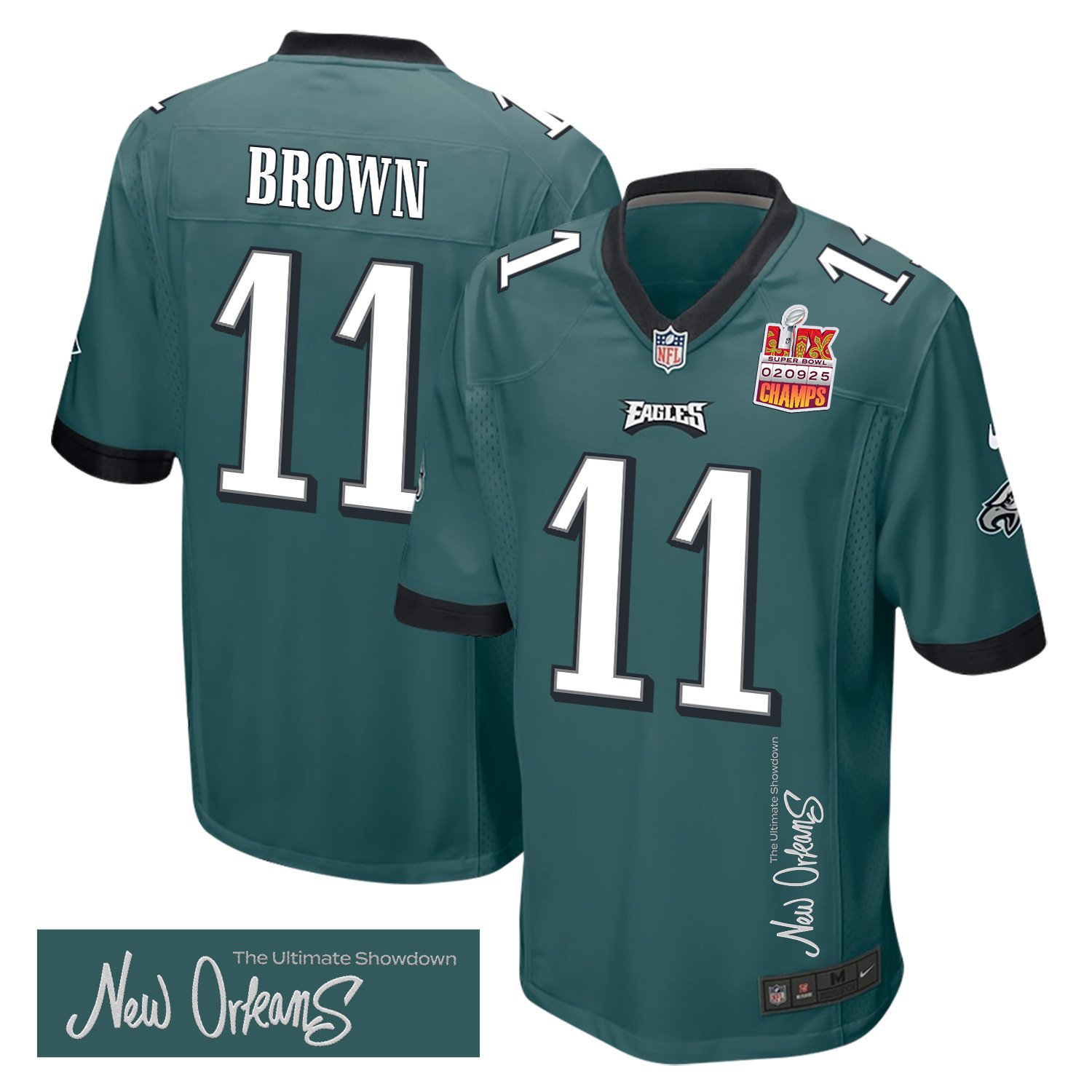 A.J. Brown 11 Philadelphia Eagles Super Bowl LIX Champions Patch New Orleans The Ultimate Showdown' EMBROIDERED Game Midnight Green NFL Jersey Men's