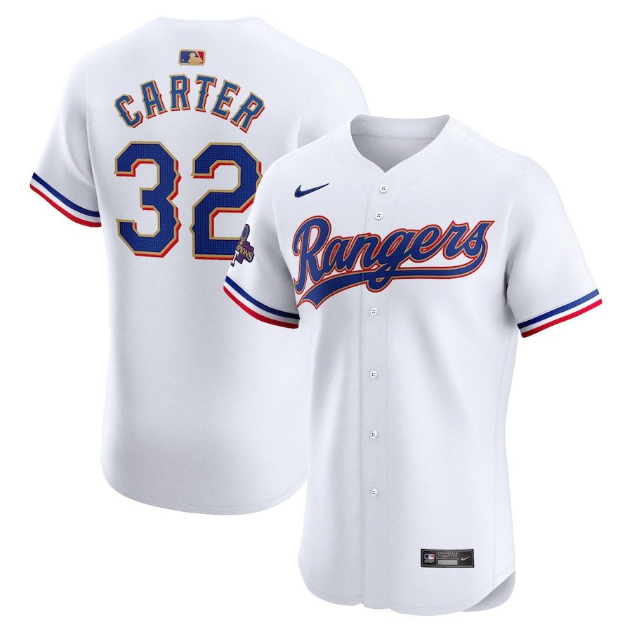 Evan Carter 32 Texas Rangers 2024 Gold Collection ELITE Player White MLB Jersey Men's