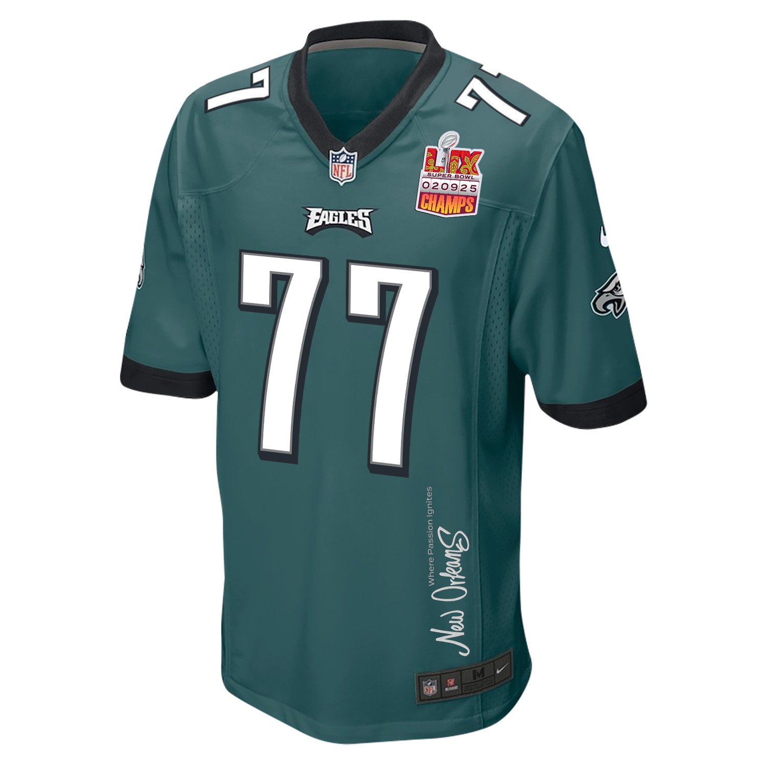 Mekhi Becton 77 Philadelphia Eagles Super Bowl LIX Champions Patch New Orleans Where Passion Ignites' EMBROIDERED Game Midnight Green NFL Jersey Men's