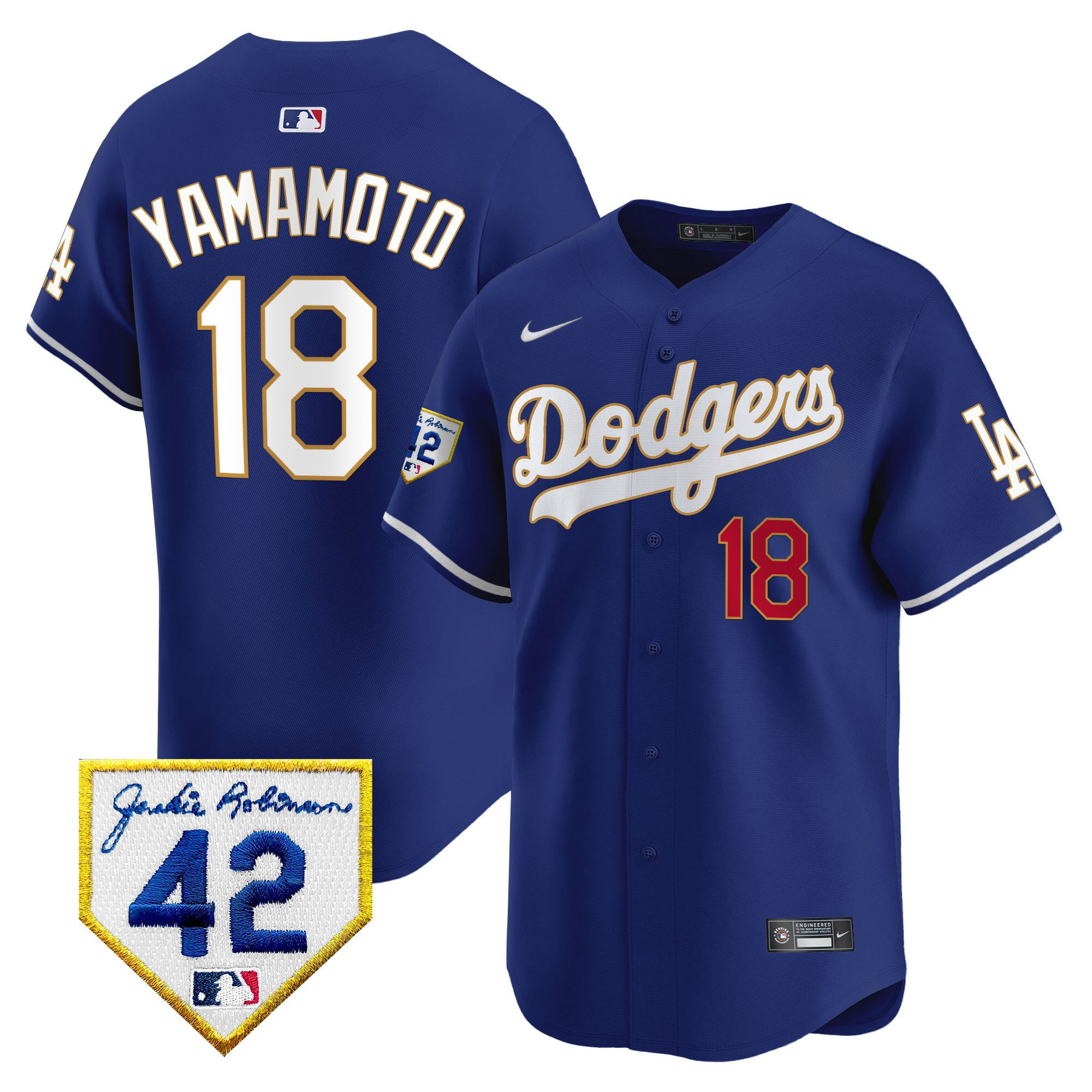 Yoshinobu Yamamoto 18 Los Angeles Dodgers 2024 Jackie Robinson Patch Royal MLB Jersey Men's