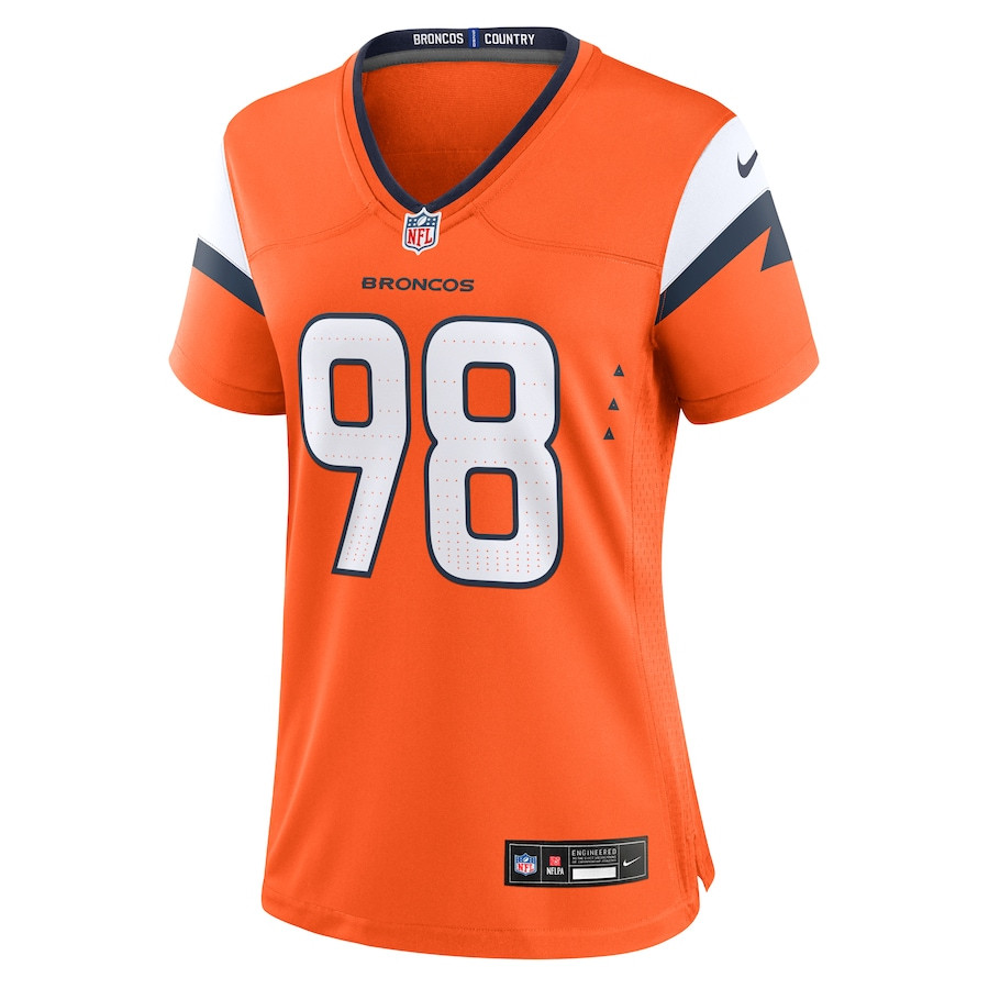 John Franklin-Myers 98 Denver Broncos Team Game Orange NFL Jersey Women's