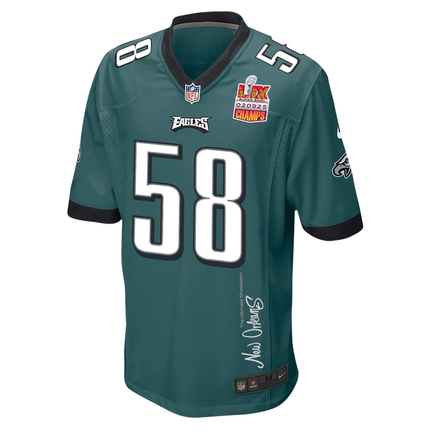 Jalyx Hunt 58 Philadelphia Eagles Super Bowl LIX Champions Patch New Orleans The Ultimate Showdown' EMBROIDERED Game Midnight Green NFL Jersey Men's