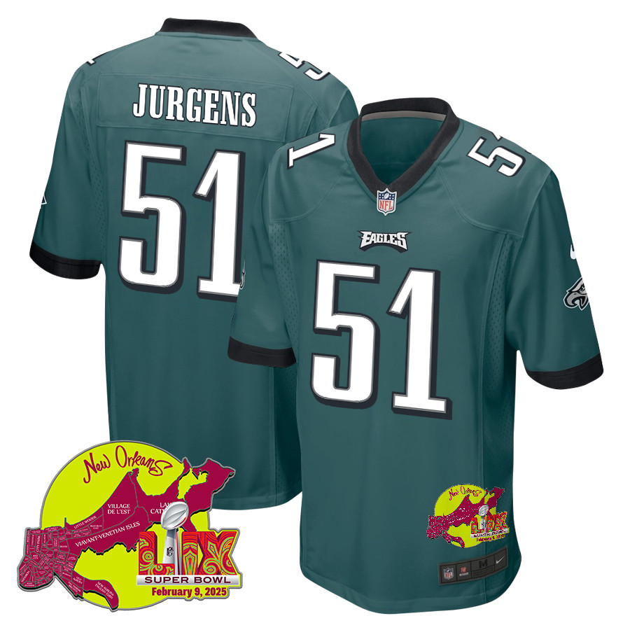 Cam Jurgens 51 Philadelphia Eagles Super Bowl LIX New Orleans Patch Game Midnight Green NFL Jersey Men's