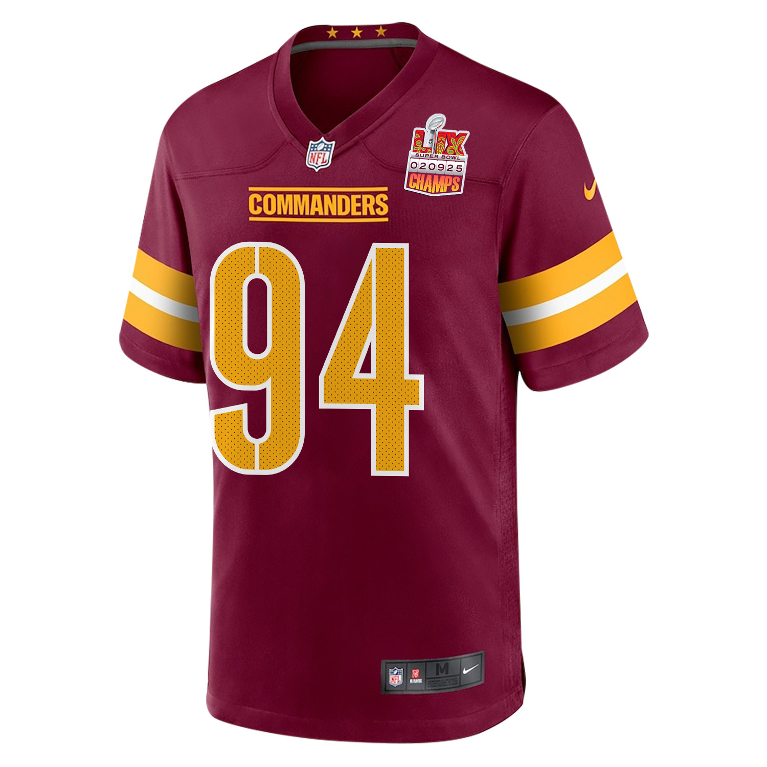 Daron Payne 94 Washington Commanders Super Bowl LIX Champions Patch Game Burgundy NFL Jersey Men's