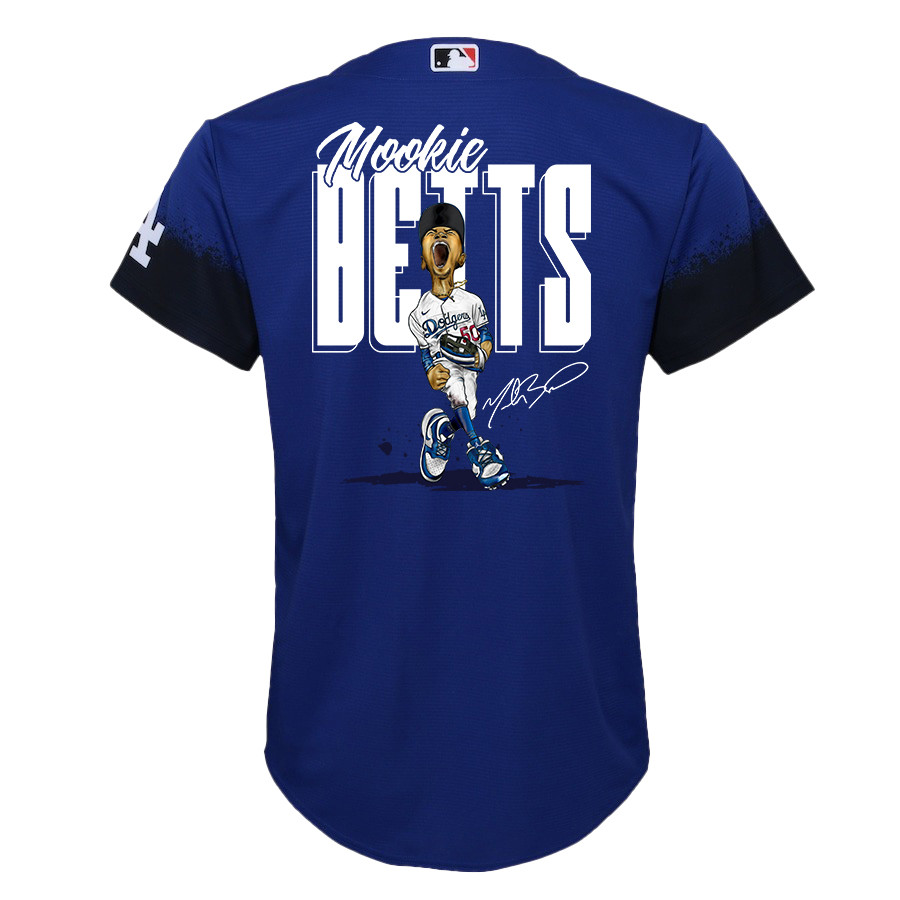 Mookie Betts 50 Los Angeles Dodgers Signed Cartoon 2023 City Connect Player Royal MLB Jersey Youth