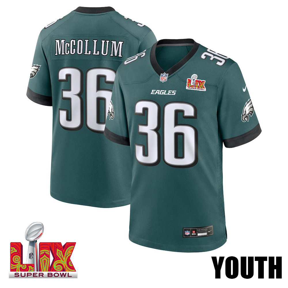 Tristin McCollum #36 Philadelphia Eagles Super Bowl LIX Midnight Green NFL Jersey Youth