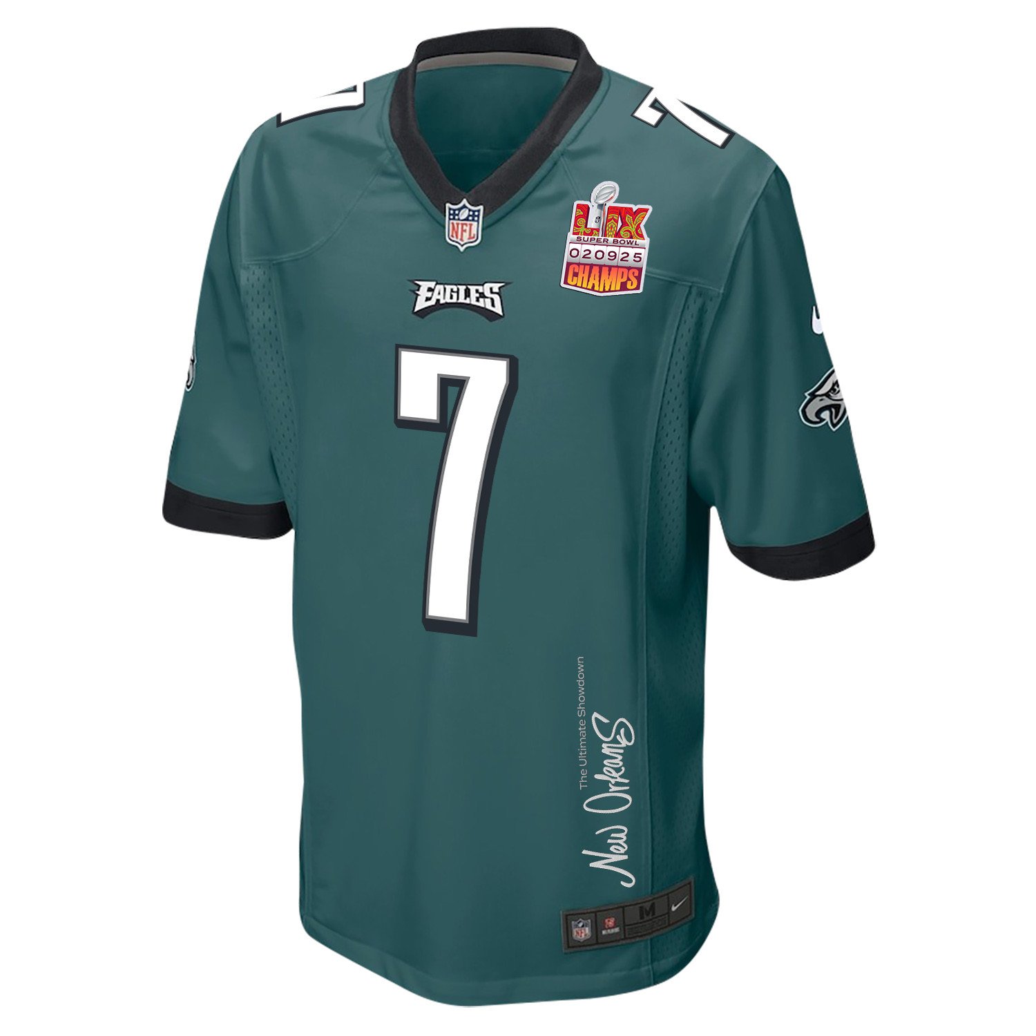 Kenny Pickett 7 Philadelphia Eagles Super Bowl LIX Champions Patch New Orleans The Ultimate Showdown' EMBROIDERED Game Midnight Green NFL Jersey Men's