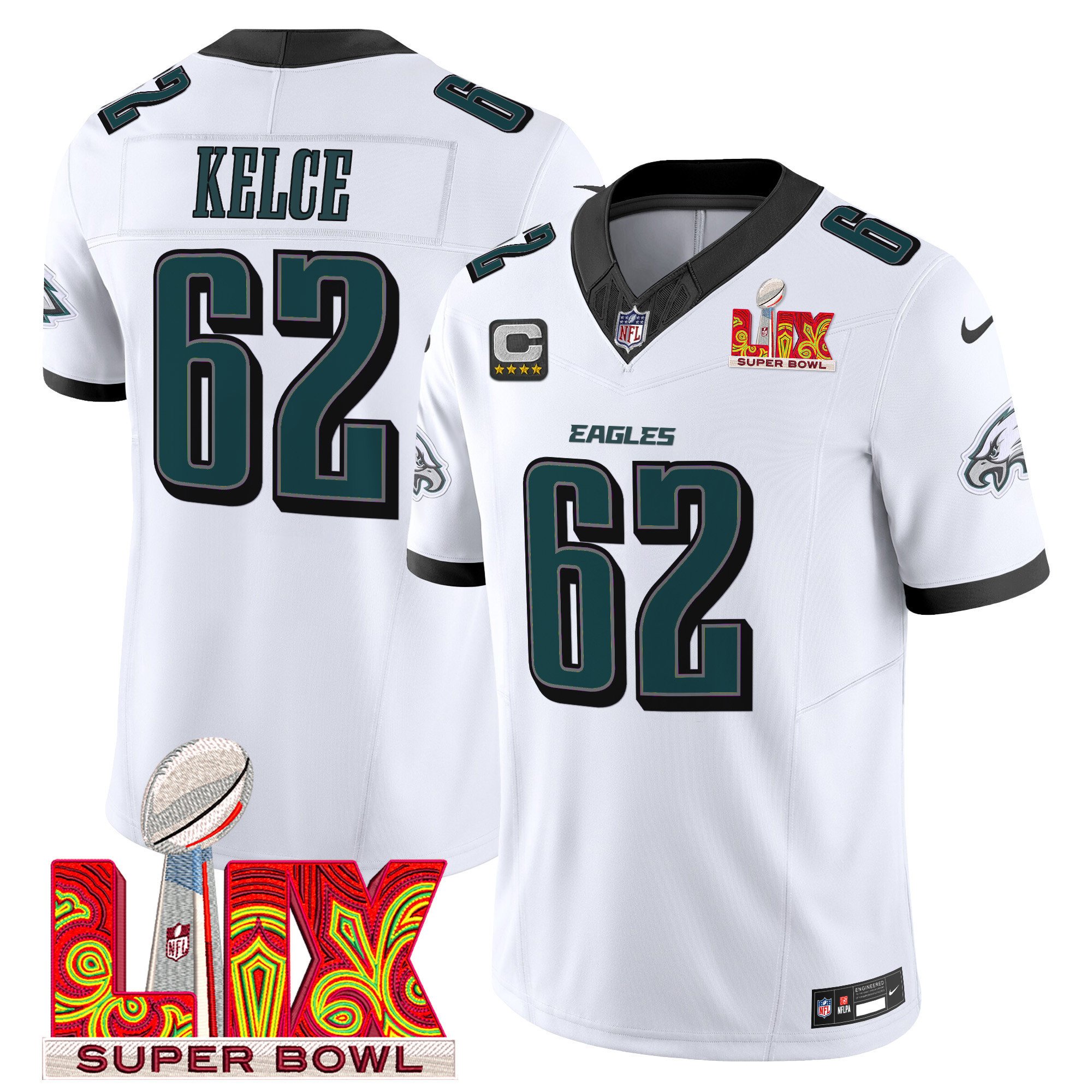 Jason Kelce 62 Philadelphia Eagles Super Bowl Champions LIX Patch Vapor Limited White NFL Jersey Men's