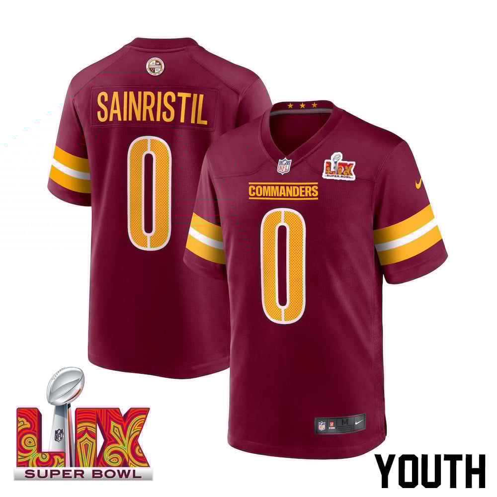 Mike Sainristil #0 Washington Commanders Super Bowl LIX Burgundy NFL Jersey Youth