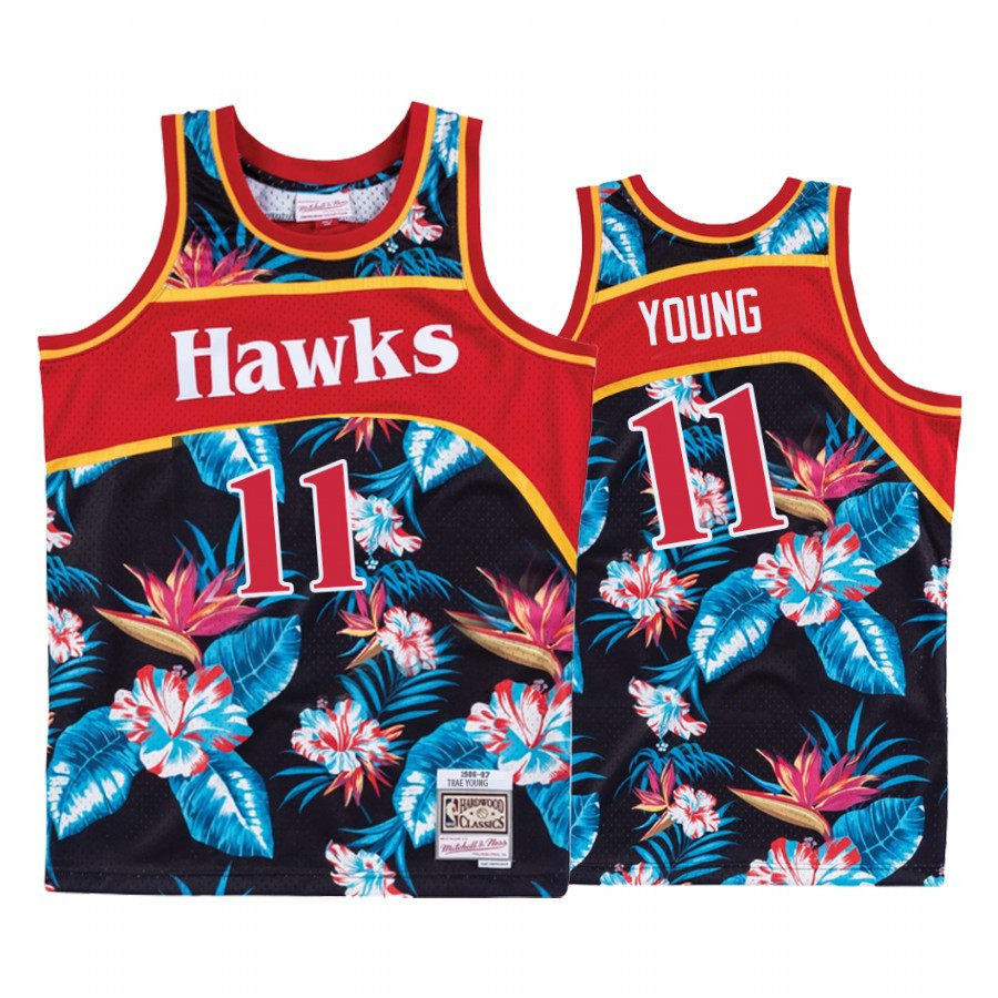 Atlanta Hawks Trae Young 11 Black Hardwood Classics Floral Fashion NBA Jersey Men's