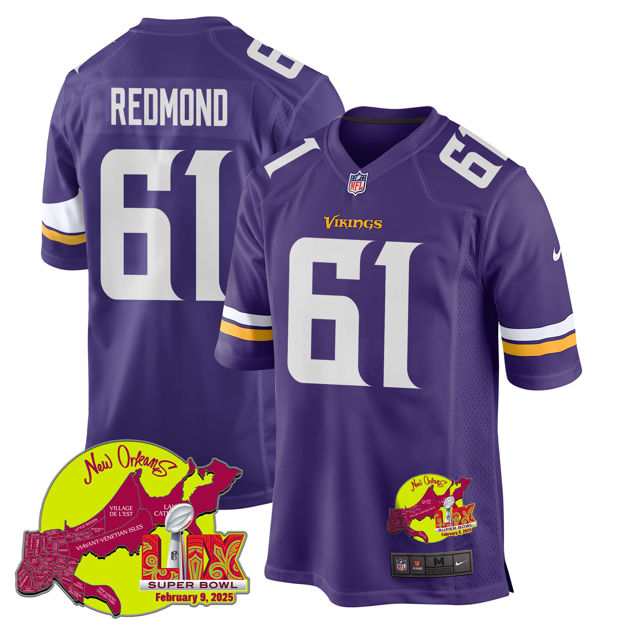 Jalen Redmond 61 Minnesota Vikings Super Bowl LIX New Orleans Patch Game Purple NFL Jersey Men's