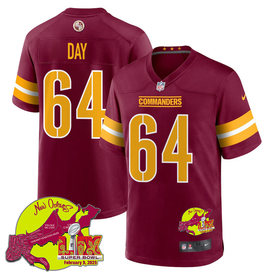 Sheldon Day 64 Washington Commanders Super Bowl LIX New Orleans Patch Game Burgundy NFL Jersey Men's