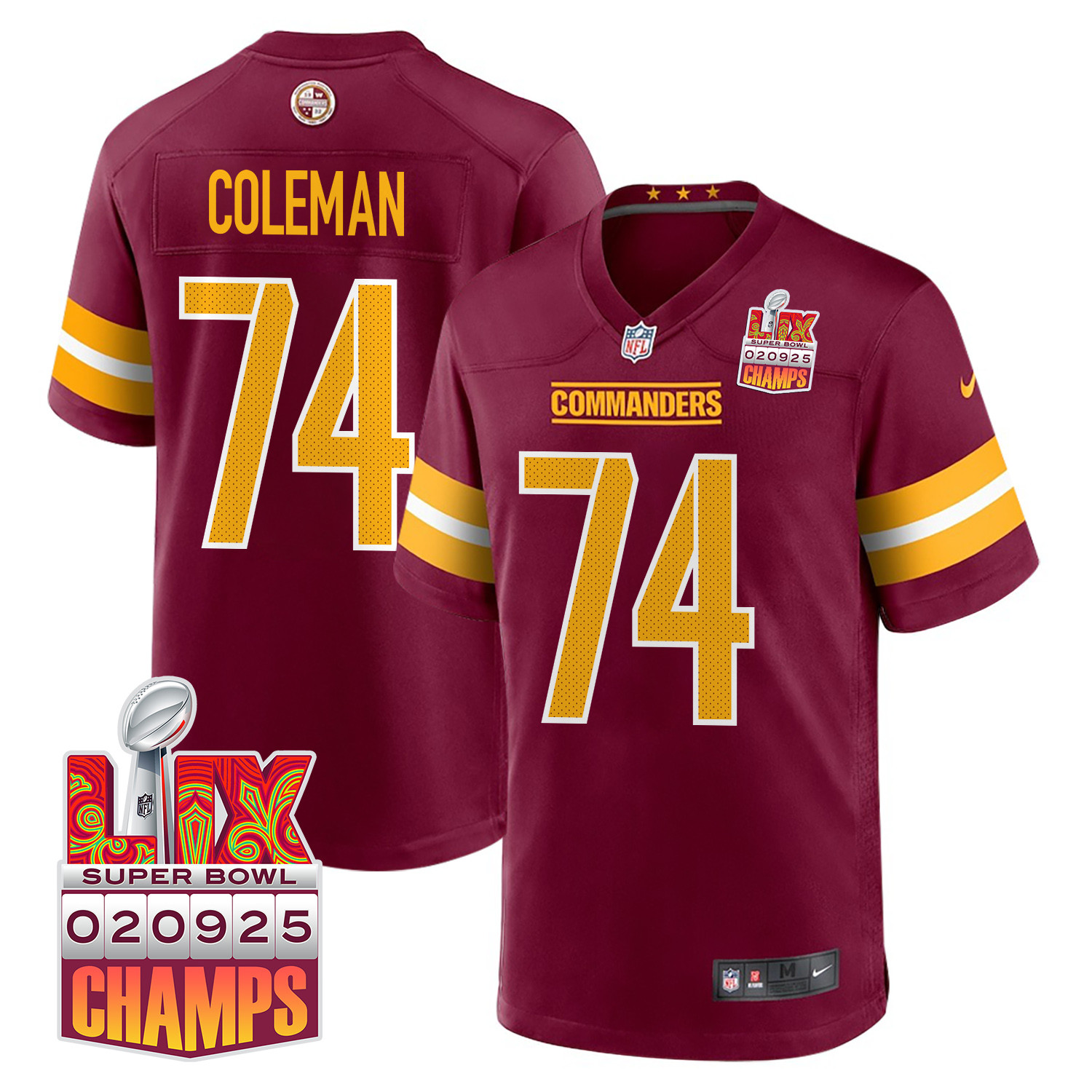 Brandon Coleman 74 Washington Commanders Super Bowl LIX Champions Patch Game Burgundy NFL Jersey Men's