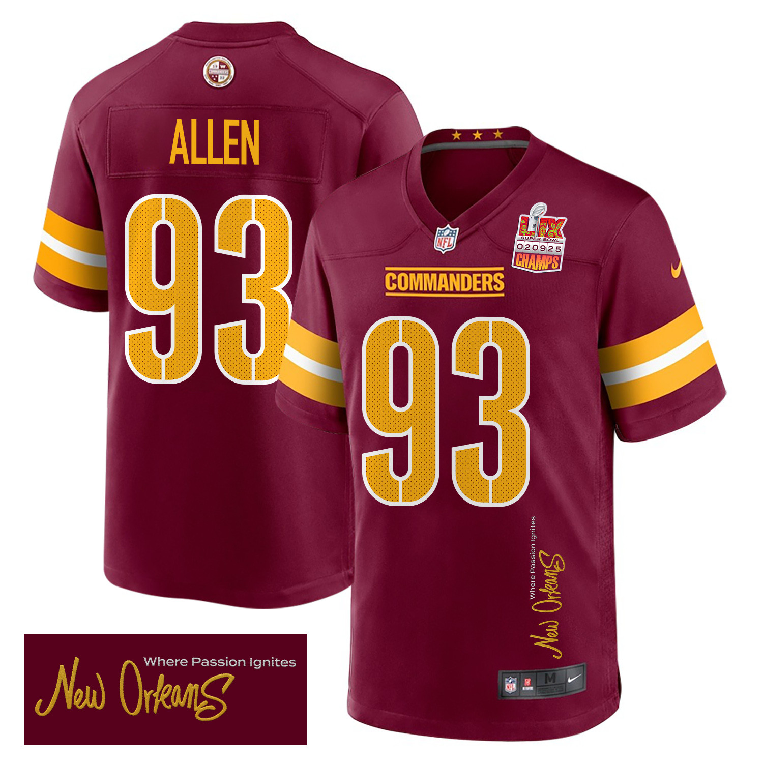 Jonathan Allen 93 Washington Commanders Super Bowl LIX Champions Patch New Orleans Where Passion Ignites' EMBROIDERED Game Burgundy NFL Jersey Men's