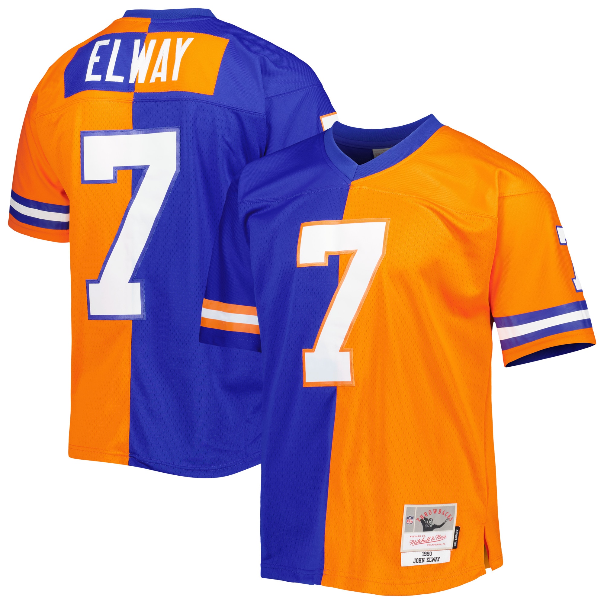 Denver Broncos John Elway Mitchell Ness Royal/Orange 1990 Split Legacy NFL Jersey Men's