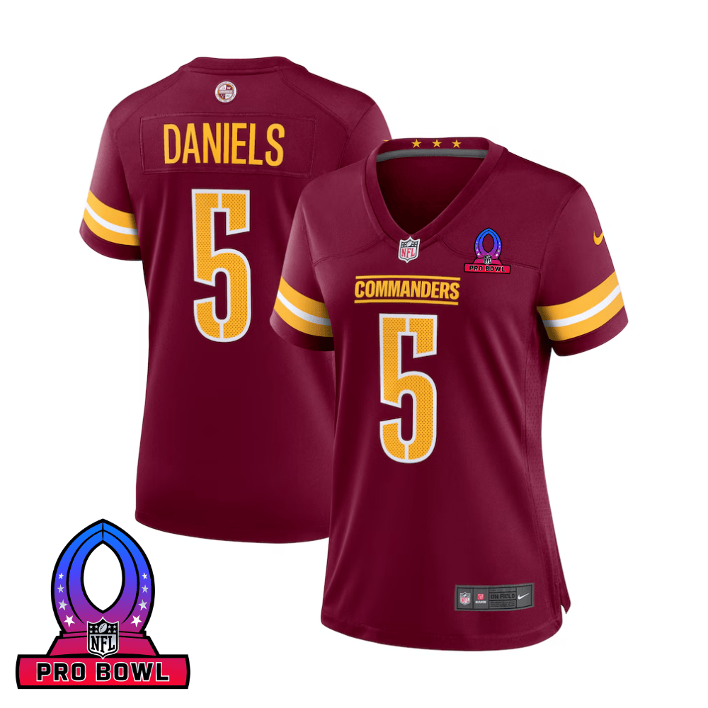 Jayden Daniels 5 Washington Commanders 2025 Pro Bowl Patch Game Burgundy NFL Jersey Women's