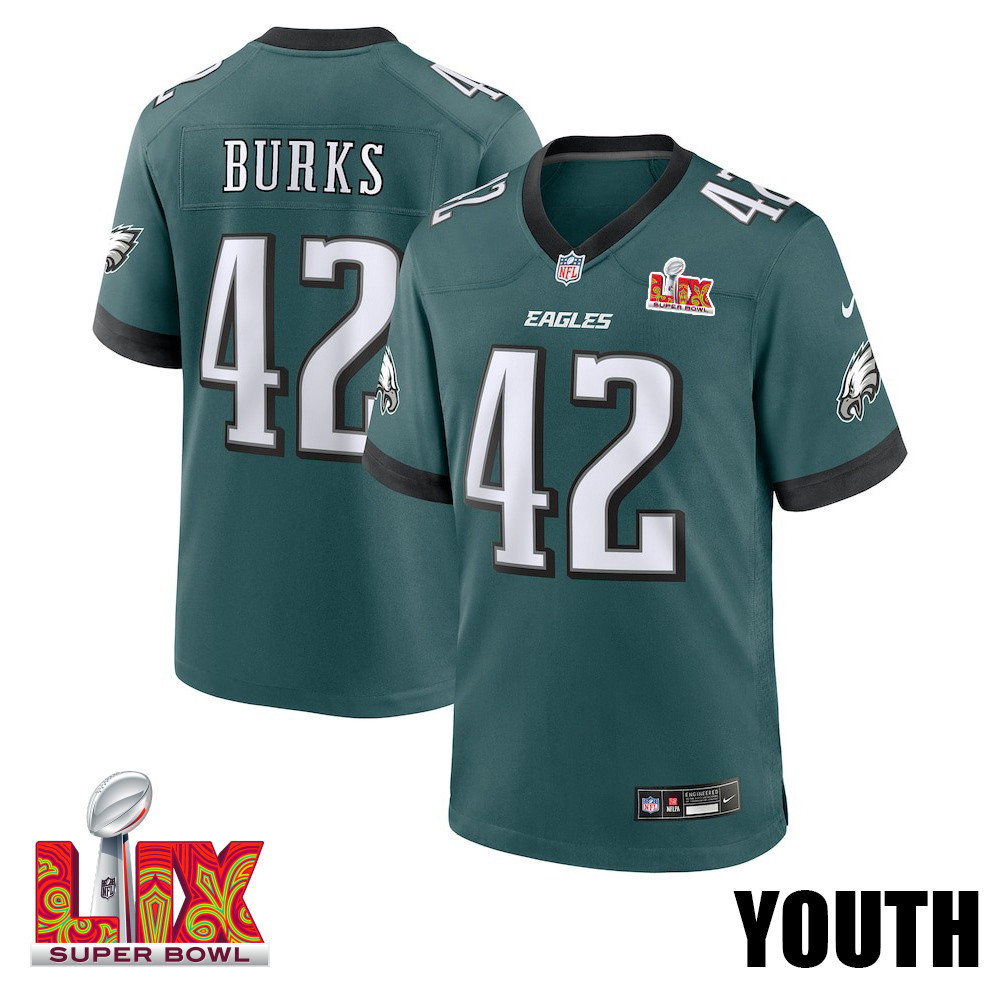 Oren Burks #42 Philadelphia Eagles Super Bowl LIX Midnight Green NFL Jersey Youth