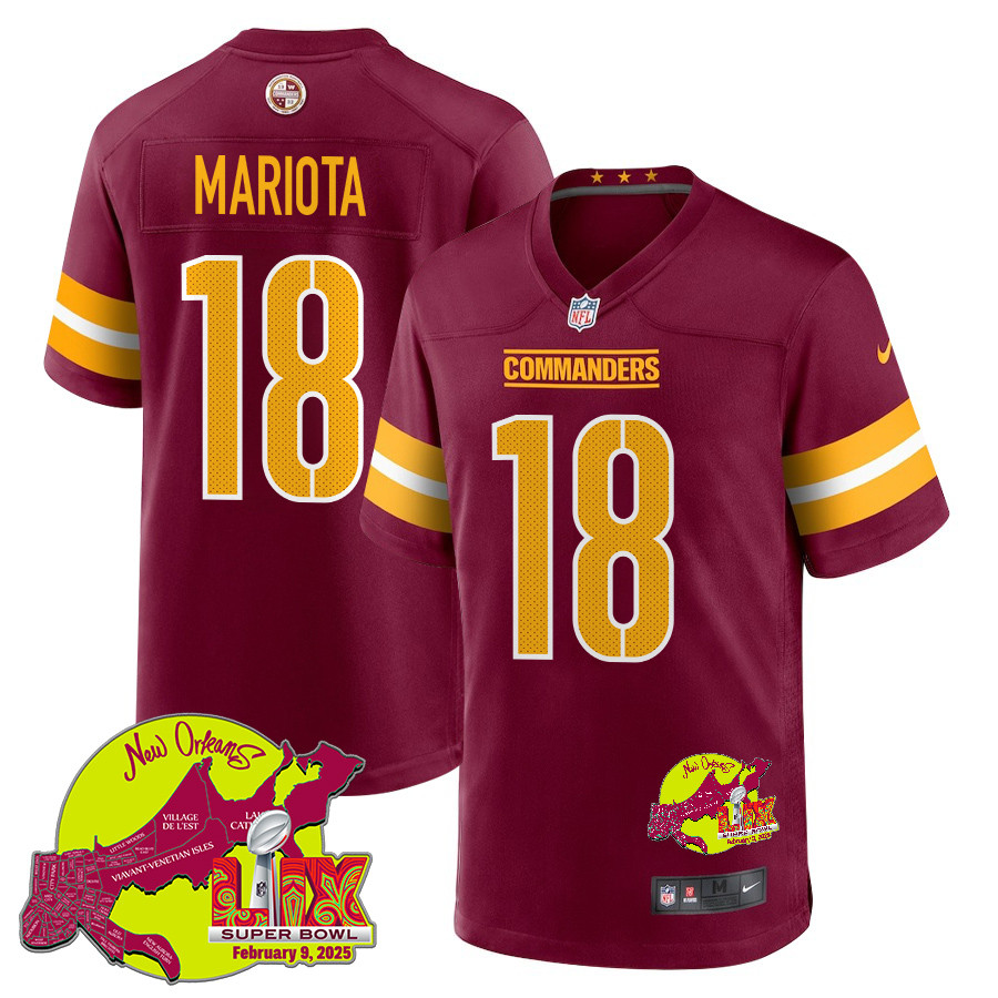 Marcus Mariota 18 Washington Commanders Super Bowl LIX New Orleans Patch Game Burgundy NFL Jersey Men's