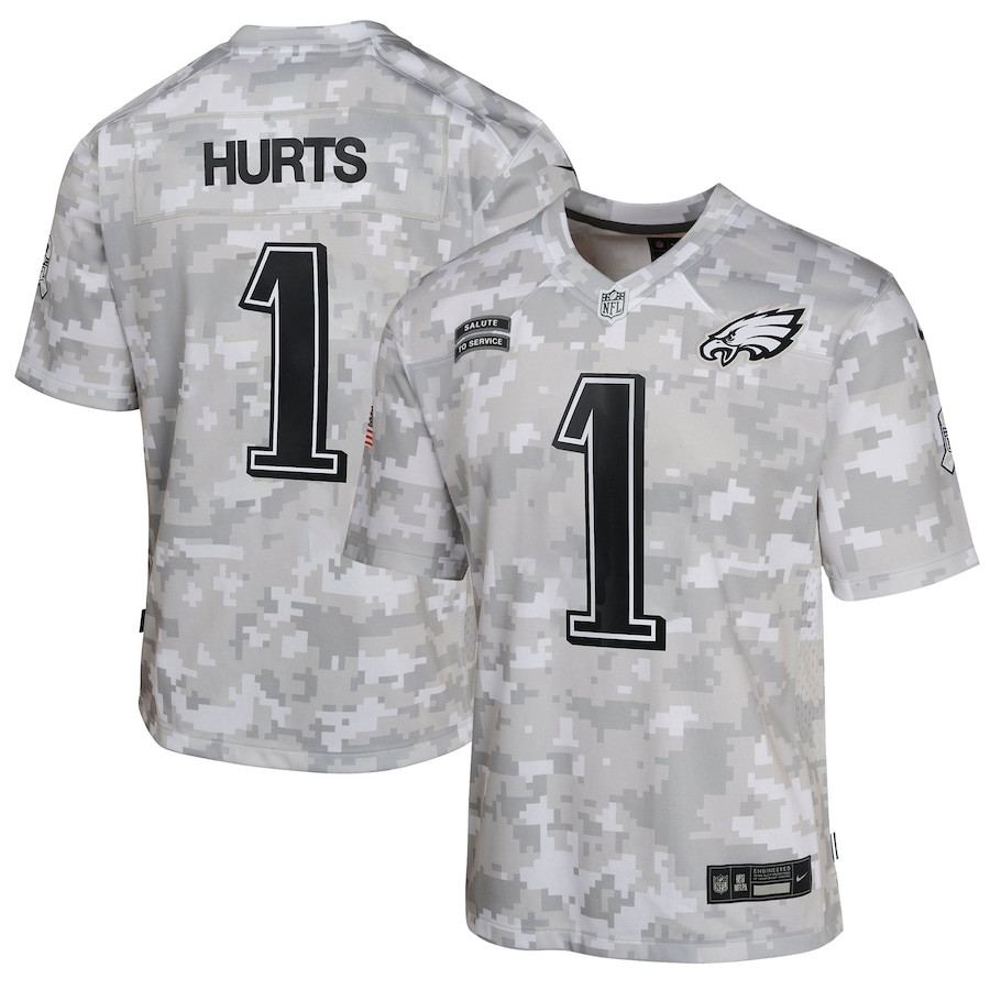 Jalen Hurts 1 Philadelphia Eagles 2024 Salute to Service Game Arctic Camo NFL Jersey Youth